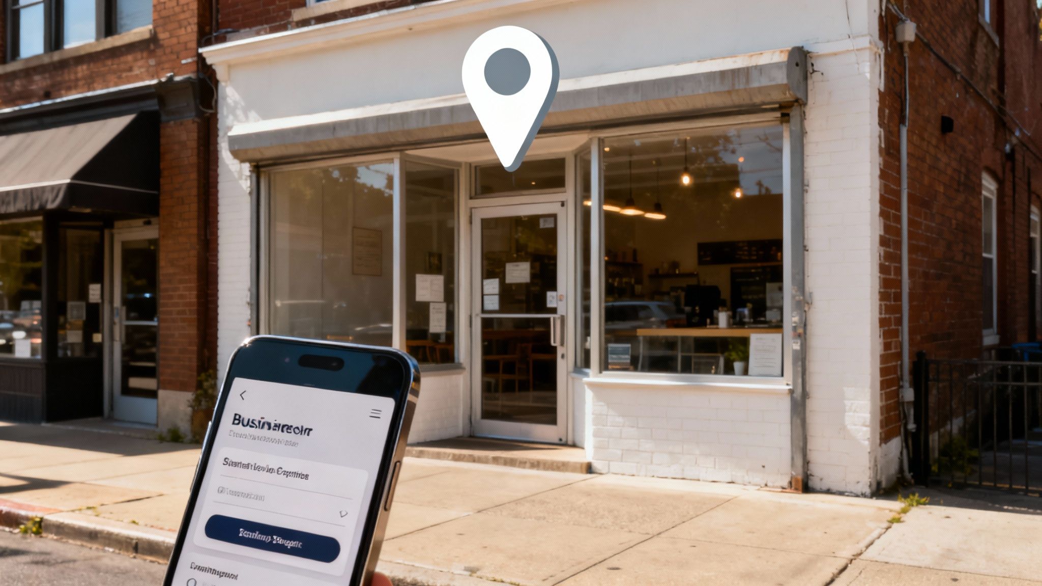 Person holding a smartphone with a business app in front of a cafe with a location pin icon.
