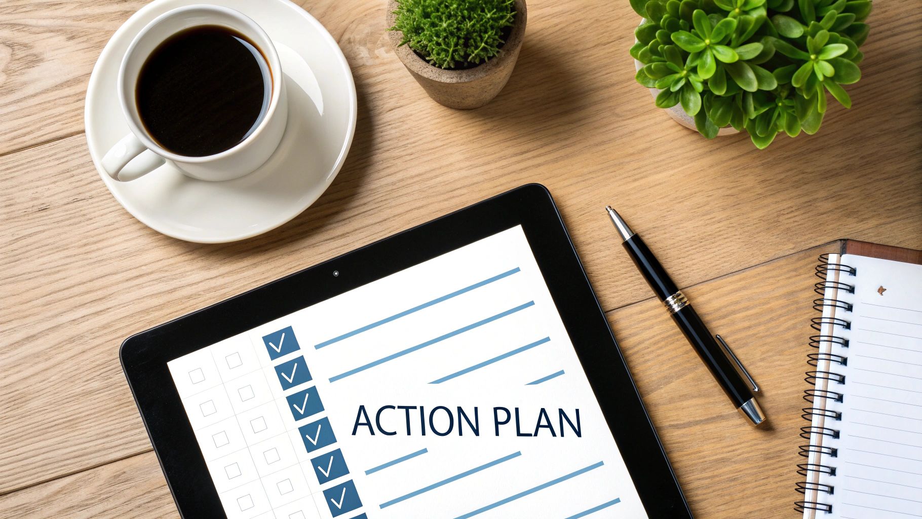 How To Generate More Leads For Your Business 3 Flat lay of a workspace with a tablet displaying an 'ACTION PLAN' checklist and coffee.