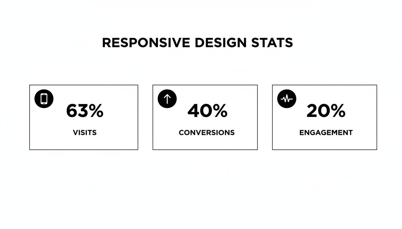 Unlocking The Benefits Of Responsive Website Design 1 Infographic presenting responsive design statistics: 63% visits from mobile, 40% conversions, and 20% engagement.
