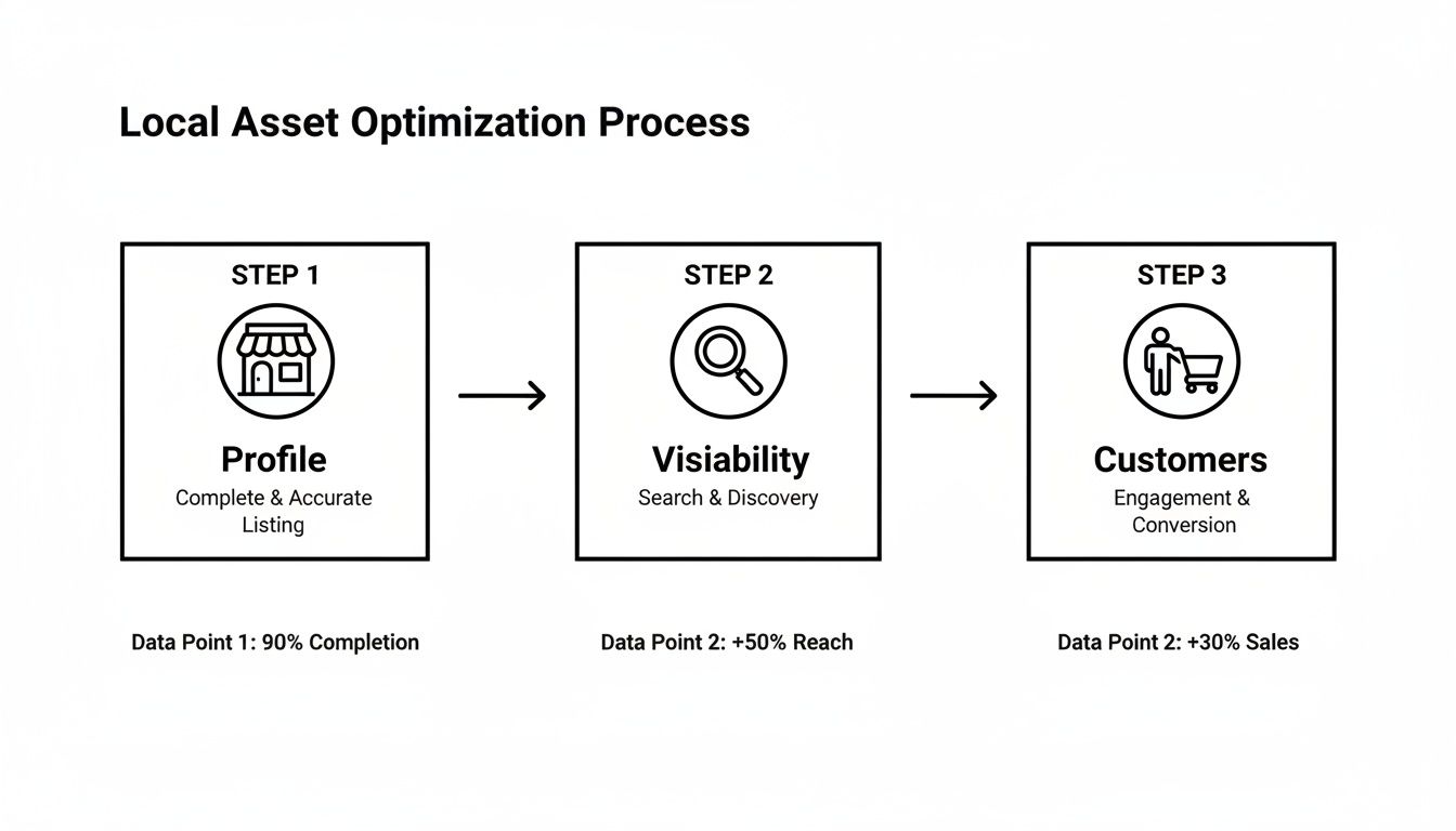 Flowchart showing the local asset optimization process in three steps: Profile, Visibility, and Customers.
