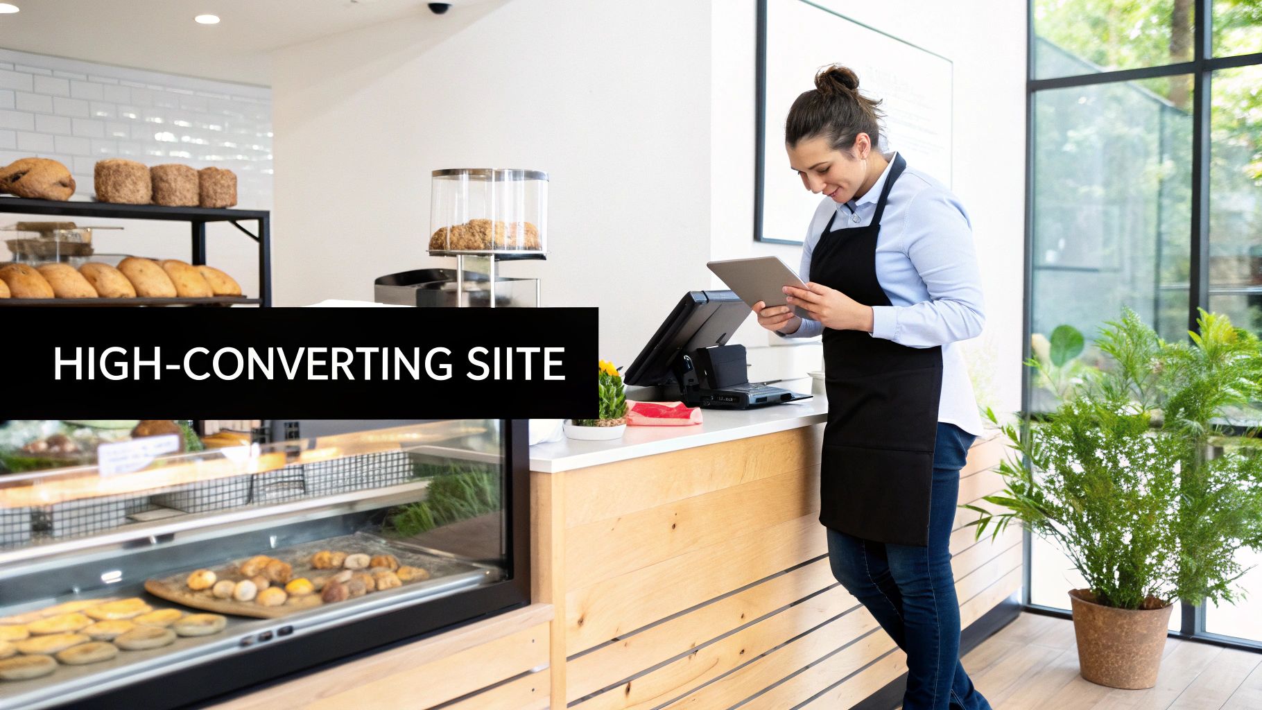 Mastering Small Business Website Design For High Conversion 1 A female employee in a modern bakery or cafe checking a tablet, with baked goods on display.