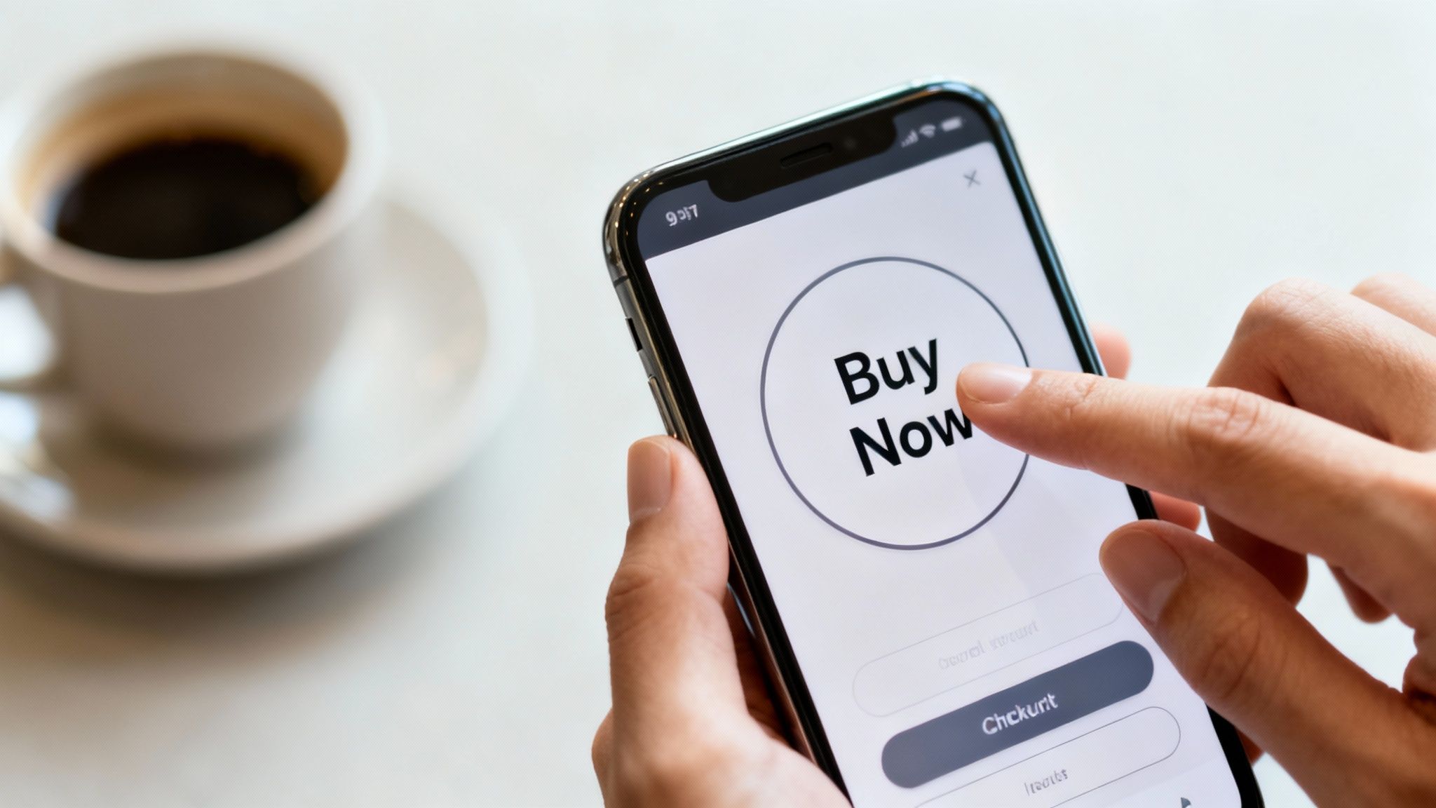 Unlocking The Benefits Of Responsive Website Design 2 A person's hand tapping the 'Buy Now' button on a smartphone, with a coffee cup blurred in the background.