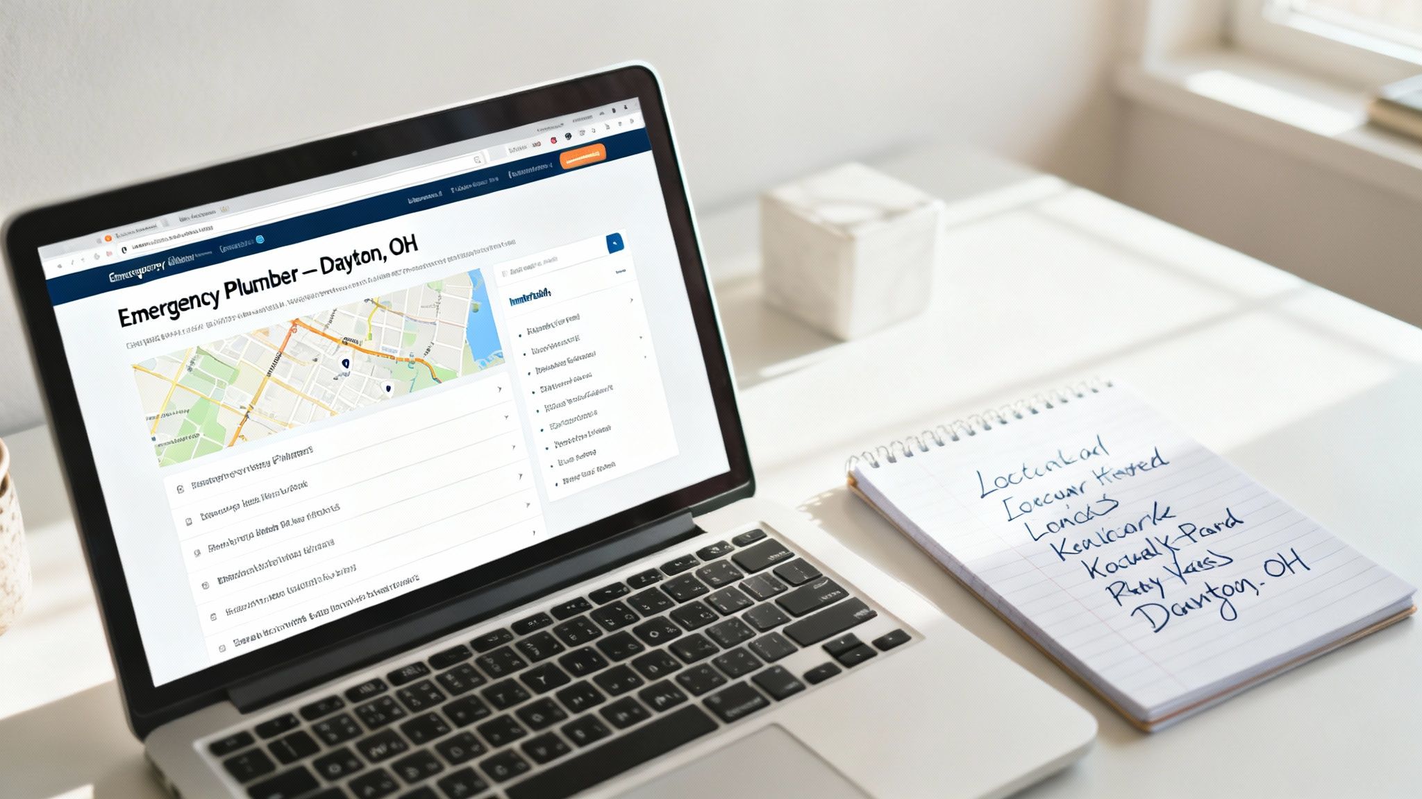 A Guide On How To Improve Local Seo And Dominate Your Market 2 A laptop displays an emergency plumber search result for Dayton, OH, next to a notepad.