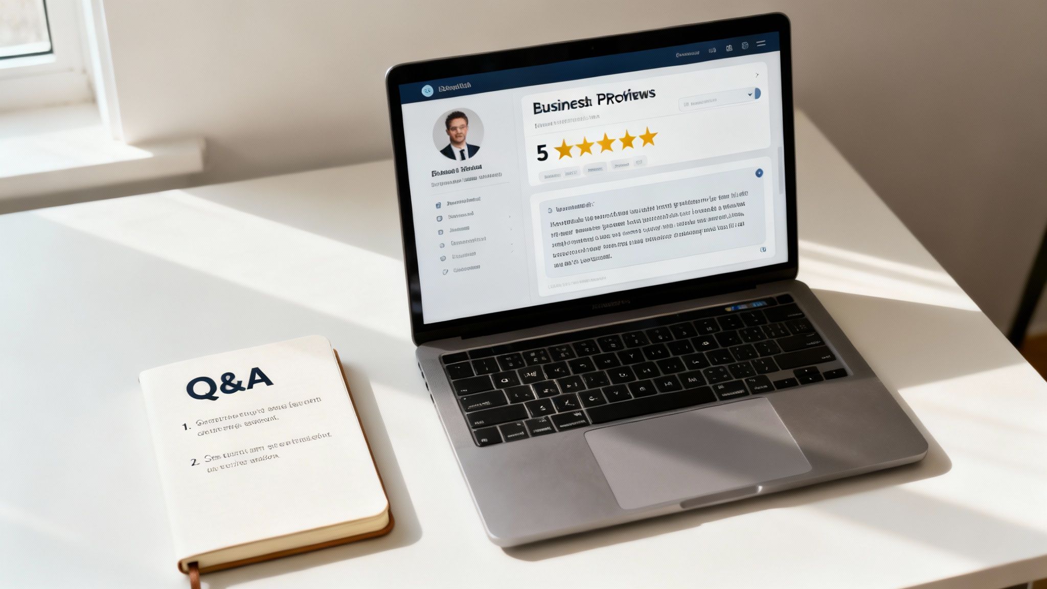 A laptop displaying a 'Business PROviews' page with a 5-star rating next to a 'Q&A' notebook on a desk.