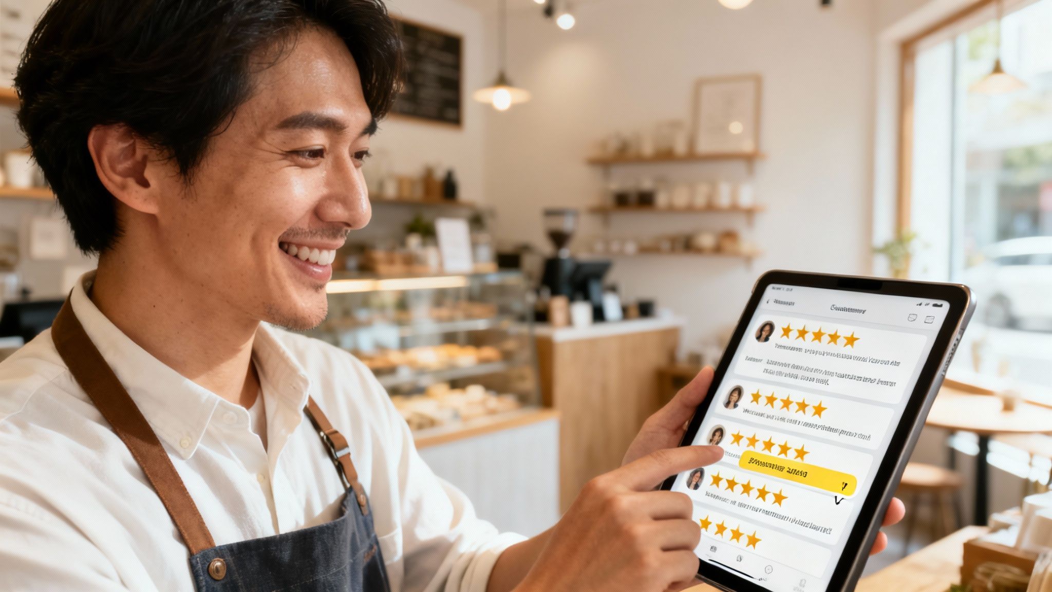 A Guide On How To Improve Local Seo And Dominate Your Market 3 Smiling cafe owner in an apron checks customer reviews on a tablet in his modern shop.