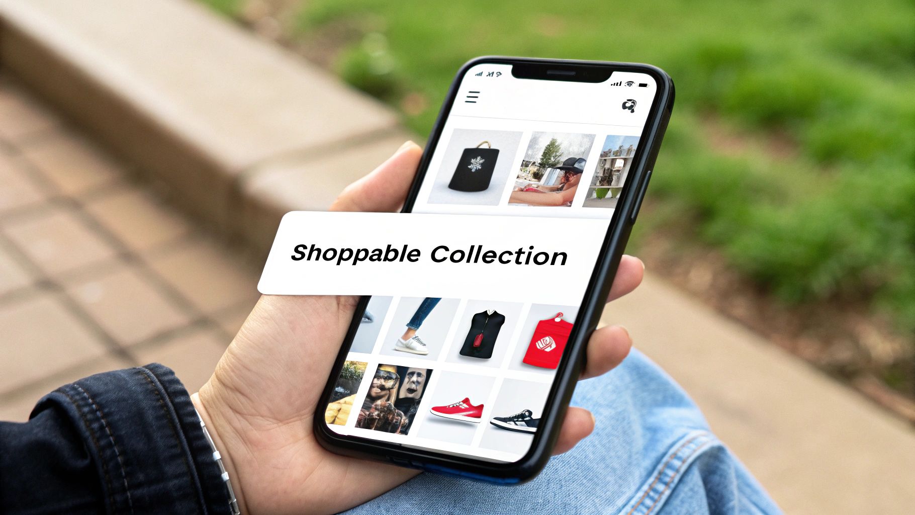 10 Types Of Facebook Advertising To Master In 2026 3 A hand holds a smartphone displaying an e-commerce app with product images and 'Shoppable Collection' text.