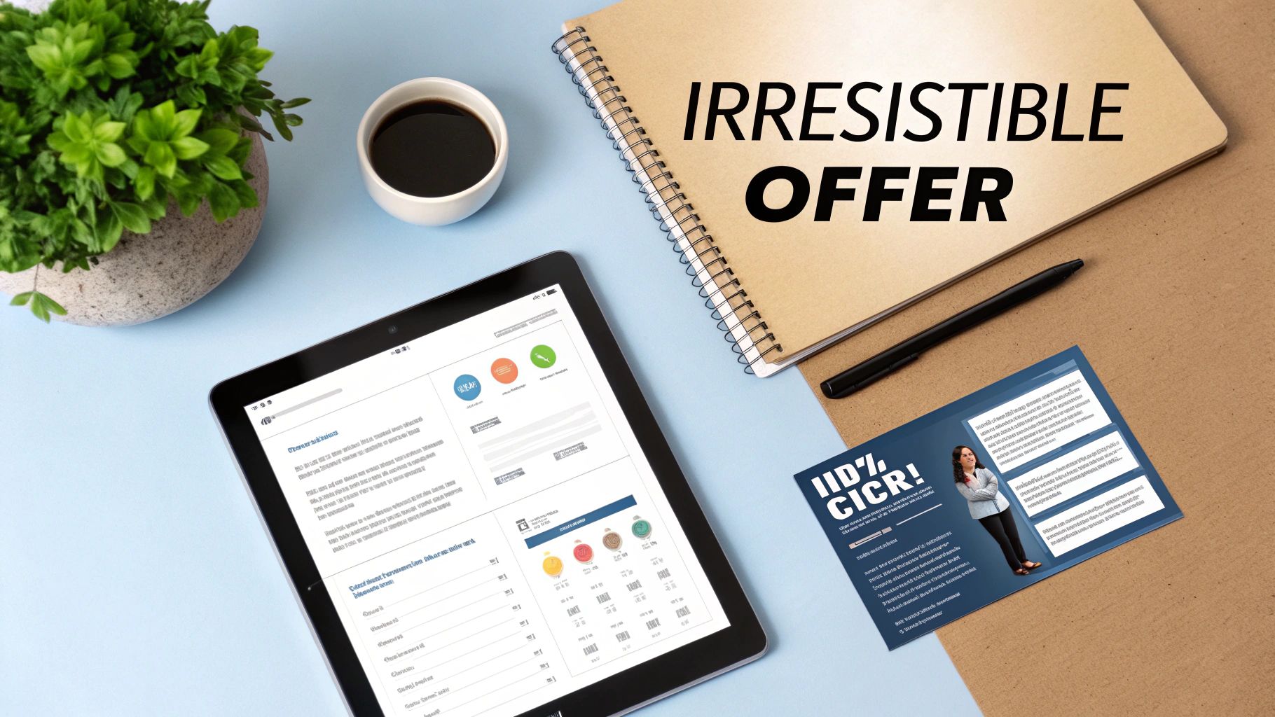 Desk flat lay with a tablet, 'IRRESISTIBLE OFFER' notebook, coffee, plant, and '100% CICR!' card.