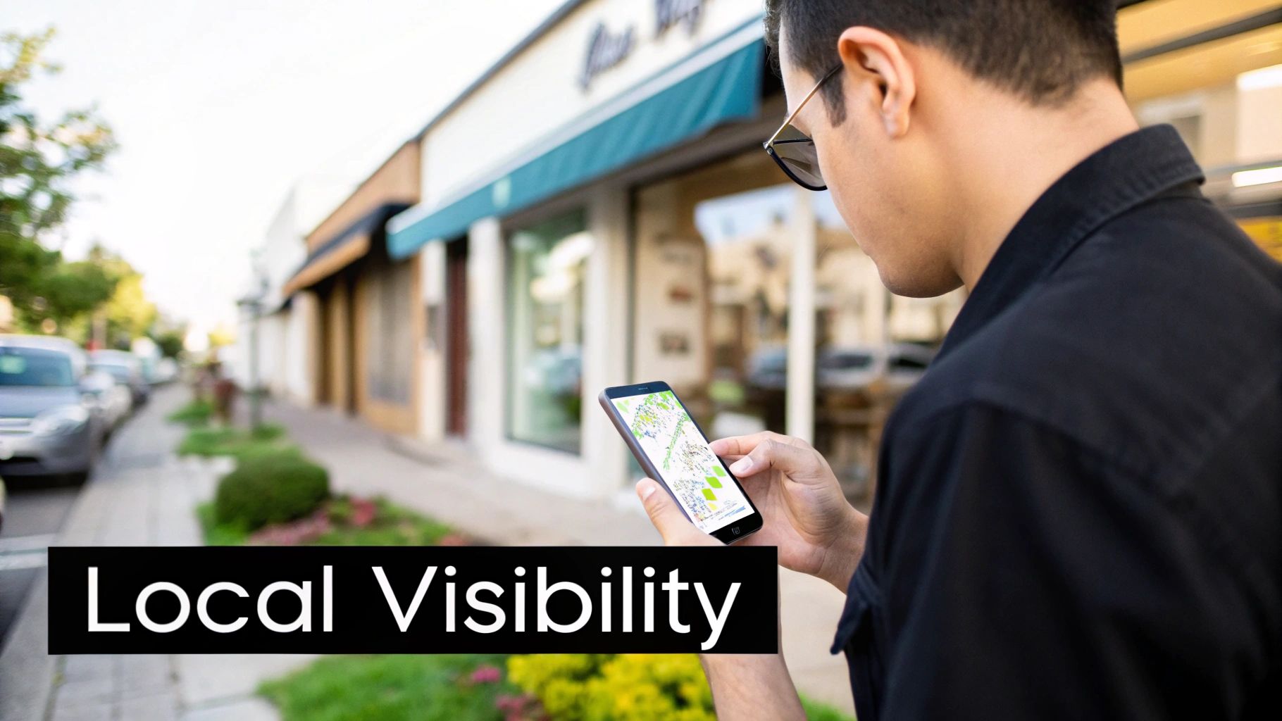 Mastering Small Business Website Design For High Conversion 3 A person uses a smartphone with a map app while walking past small businesses.