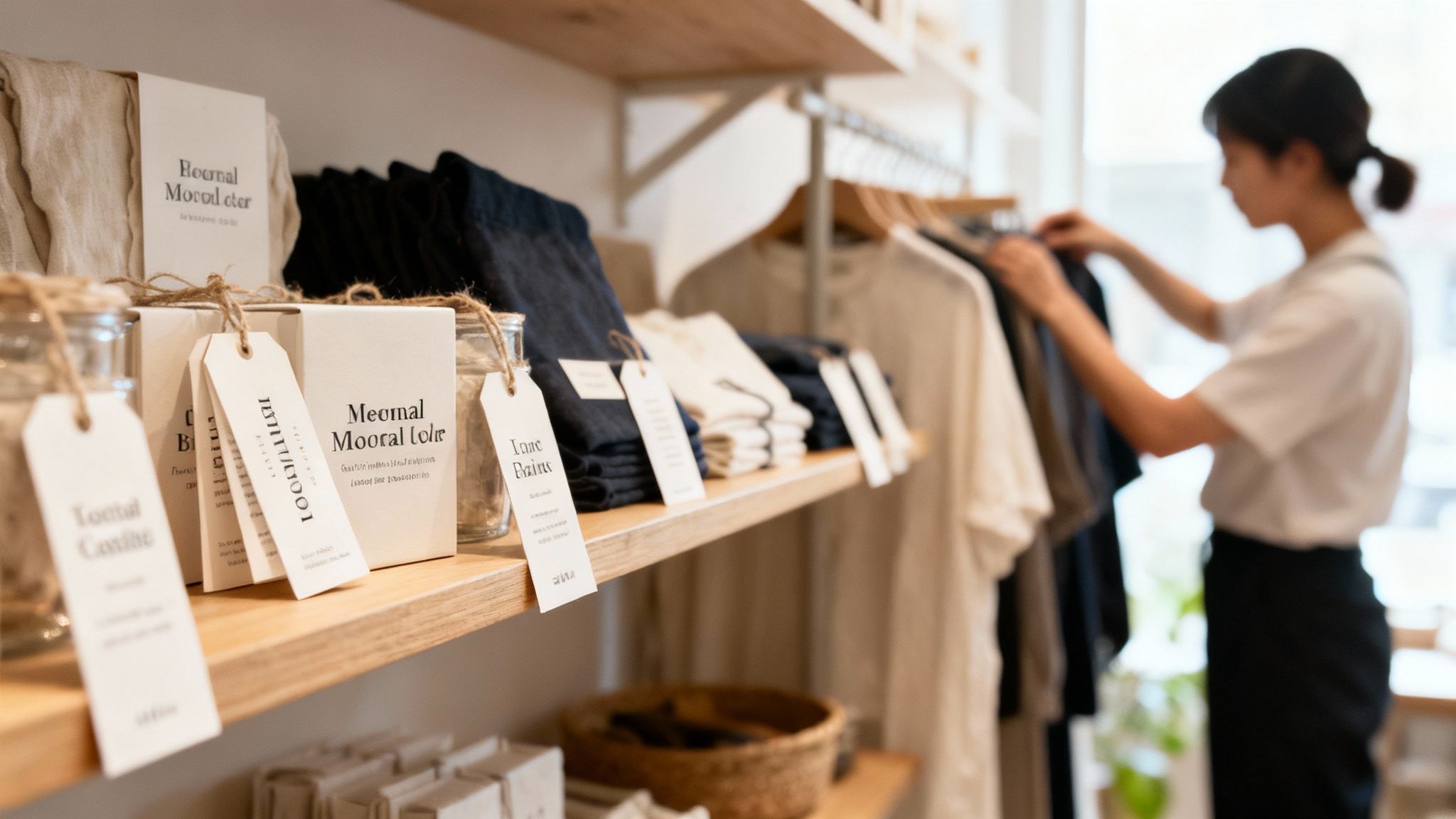 Minimalist store interior with wooden shelves displaying natural products and an employee organizing clothing.
