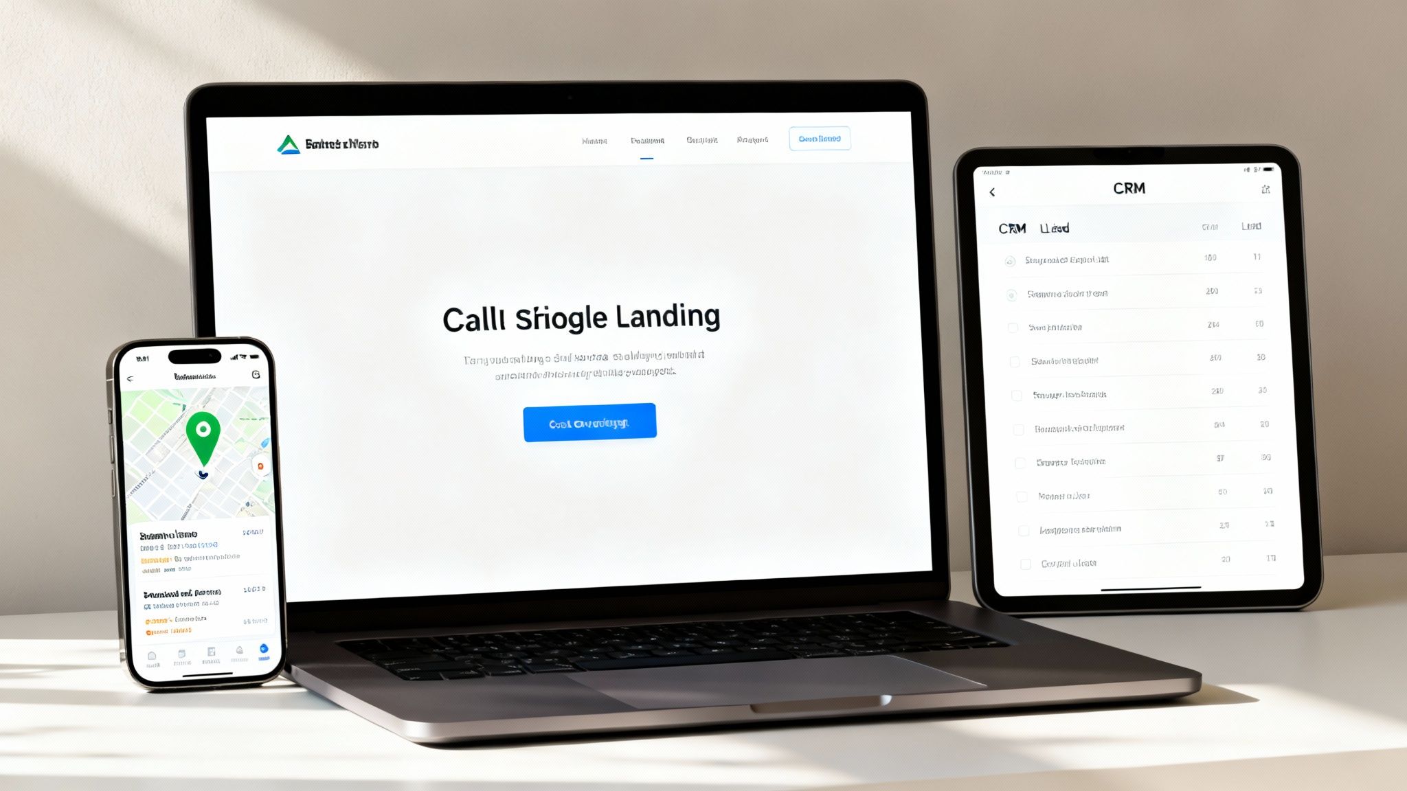 Small Business Lead Generation: A Proven Playbook For Rapid Growth 1 Three digital devices: laptop, tablet, and smartphone, displaying business applications and a landing page.