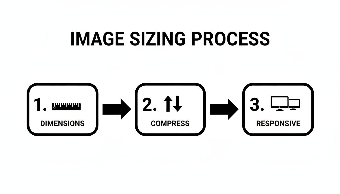 How To Optimize Images For Web To Supercharge Your Website 3 A visual guide outlining the three steps of the image sizing process: dimensions, compress, and responsive design.