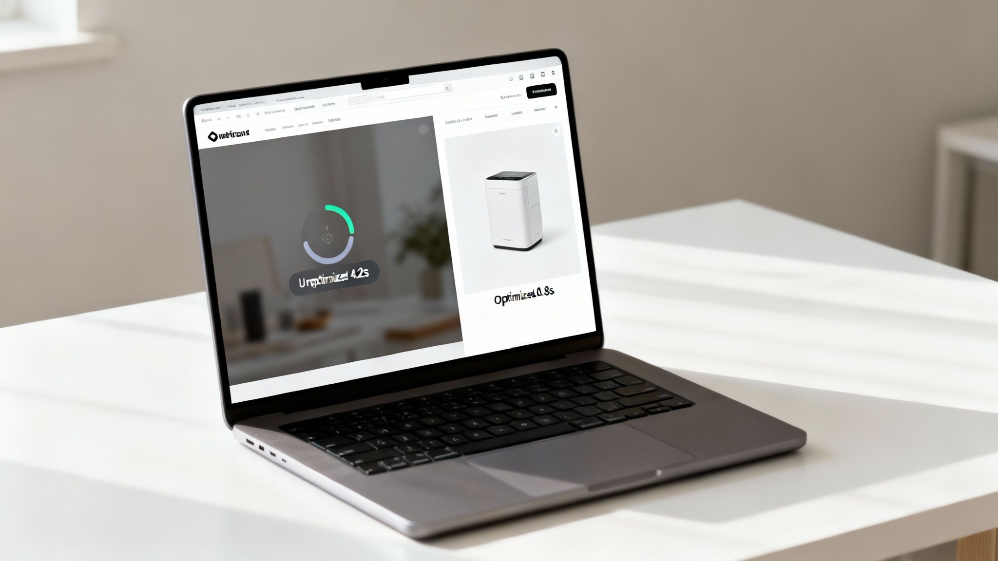 How To Optimize Images For Web To Supercharge Your Website 1 Laptop screen displaying image optimization results, showing unoptimized 4.2s versus optimized 0.8s loading times.