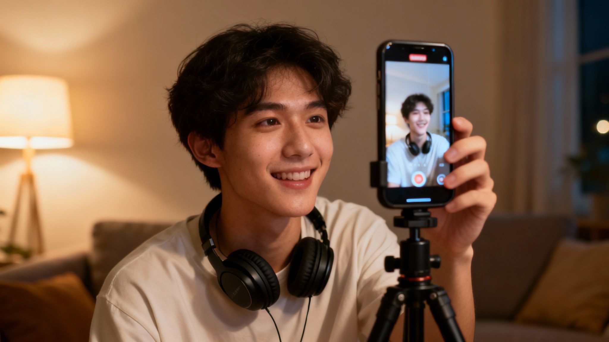 A happy young man with headphones smiles while recording himself on a smartphone tripod in a living room.