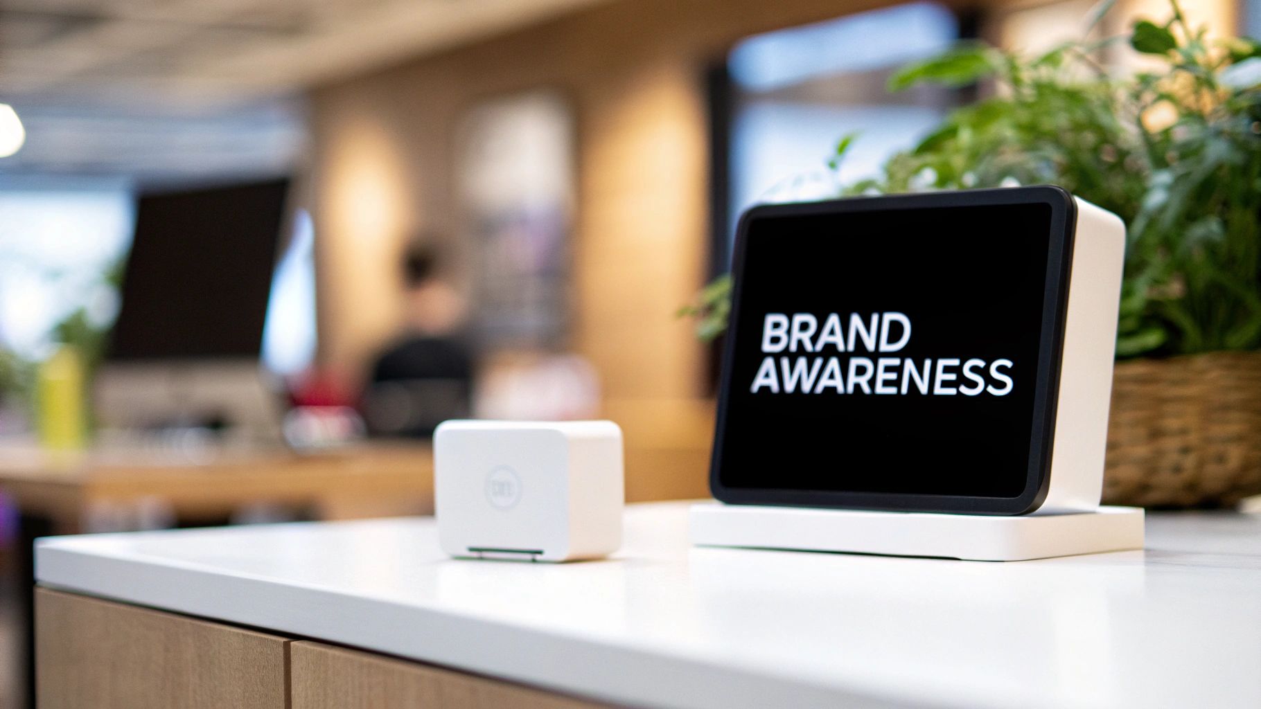 10 Types Of Facebook Advertising To Master In 2026 1 Two white devices on a counter, one displaying 'BRAND AWARENESS', in a modern office setting.