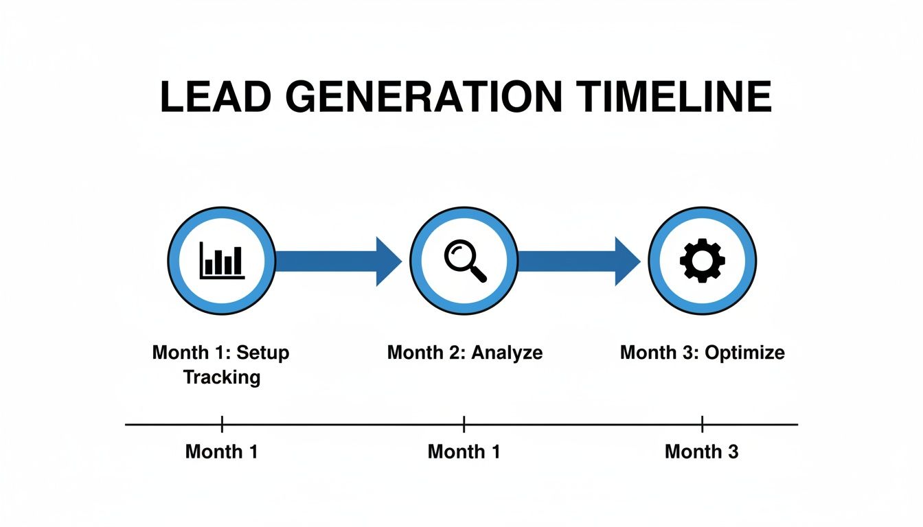Small Business Lead Generation: A Proven Playbook For Rapid Growth 3 A lead generation timeline showing three months: setup tracking, analyze, and optimize.