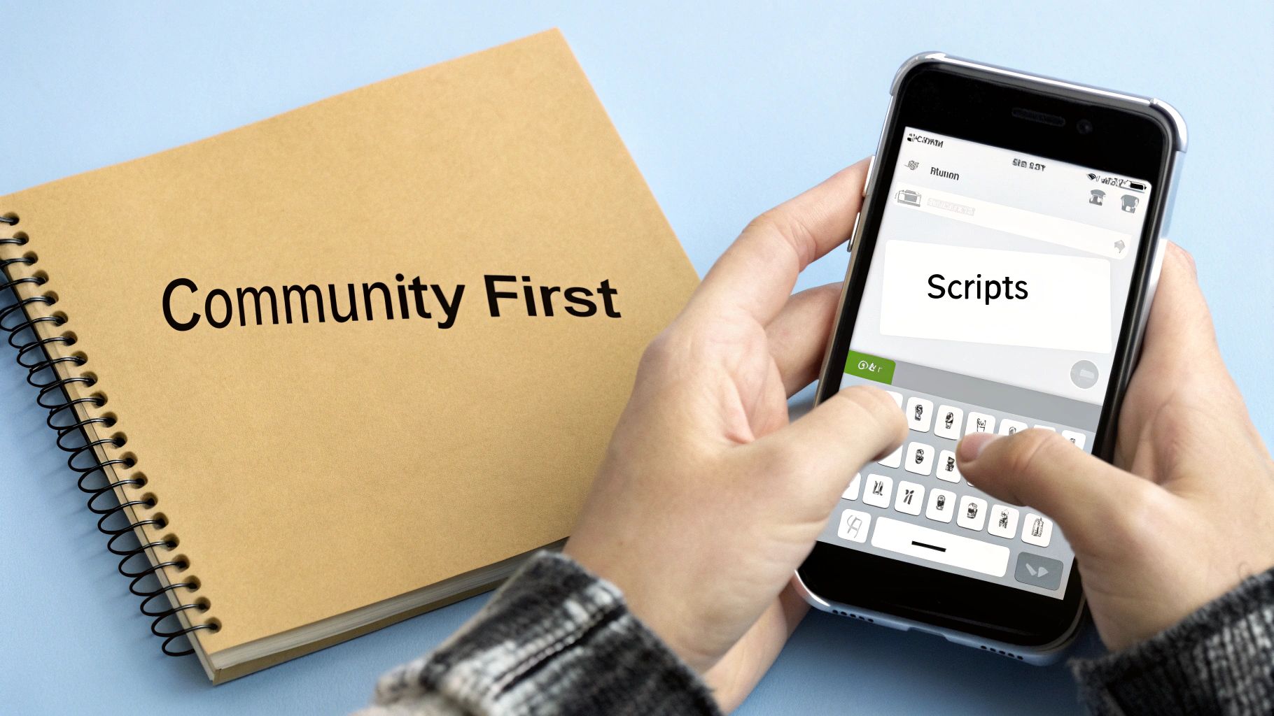 How To Increase Social Media Engagement That Actually Grows Your Brand 3 Hands typing 'Scripts' on a smartphone next to a 'Community First' notebook on a blue background.