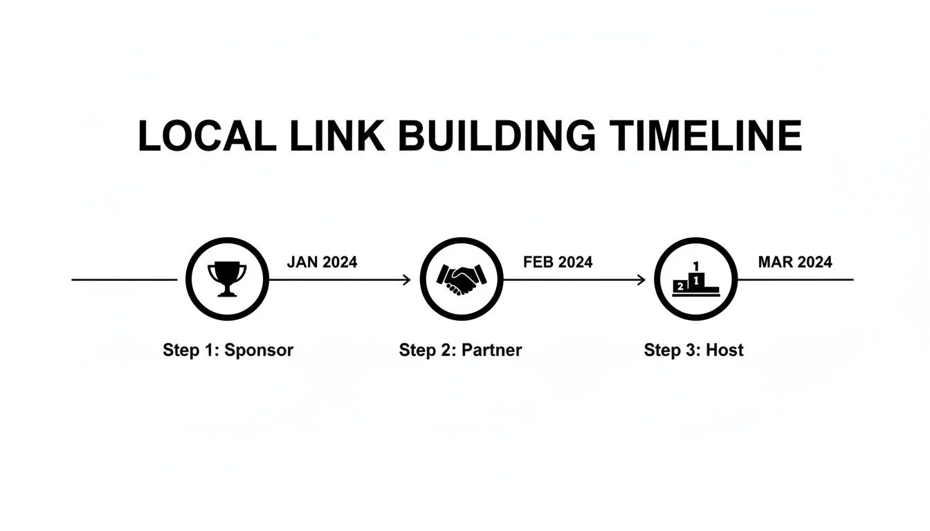 A Guide On How To Improve Local Seo And Dominate Your Market 4 A timeline showing local link building steps: Sponsor in January, Partner in February, and Host in March 2024.