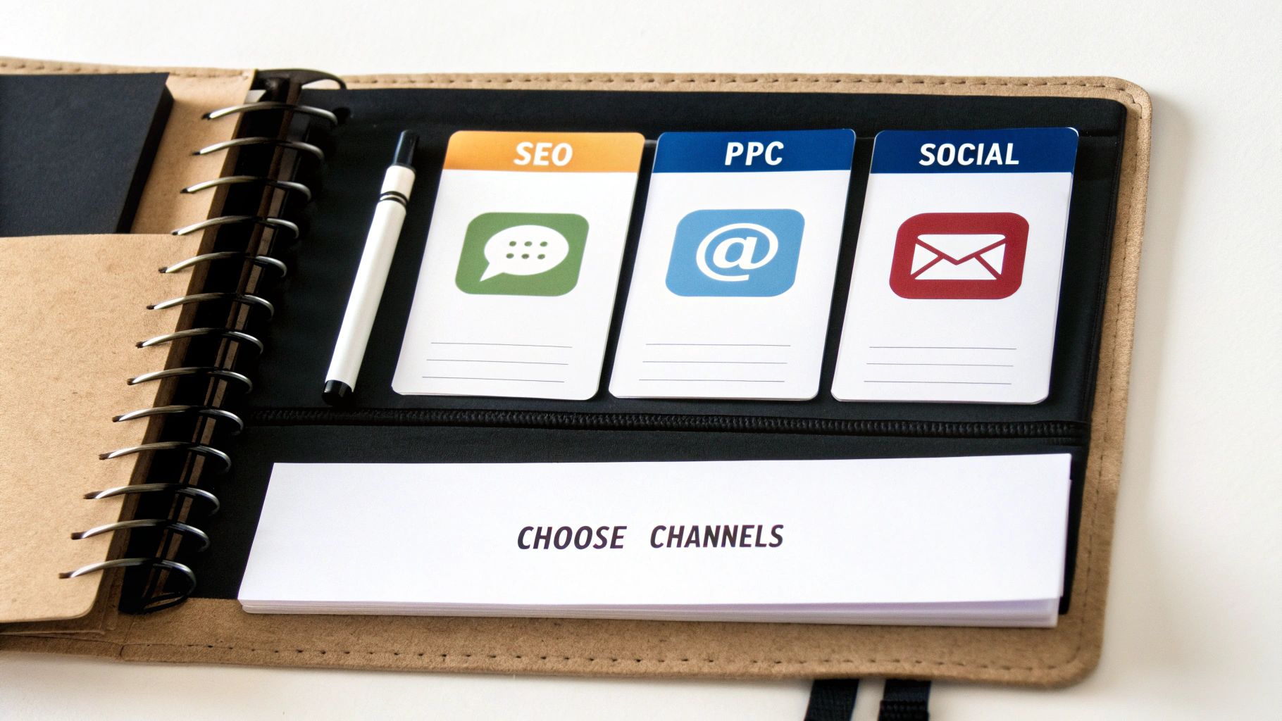 A planner showing cards for SEO, PPC, and Social media marketing, with a pen and 'Choose Channels' note.