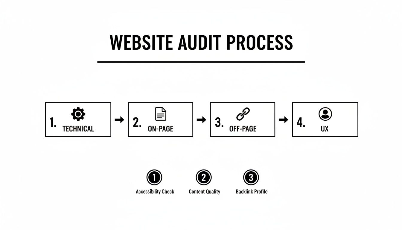 What Is A Website Audit And How It Drives Growth 2 Flowchart detailing a website audit process, covering technical, on-page, off-page, and UX analysis with key checks.
