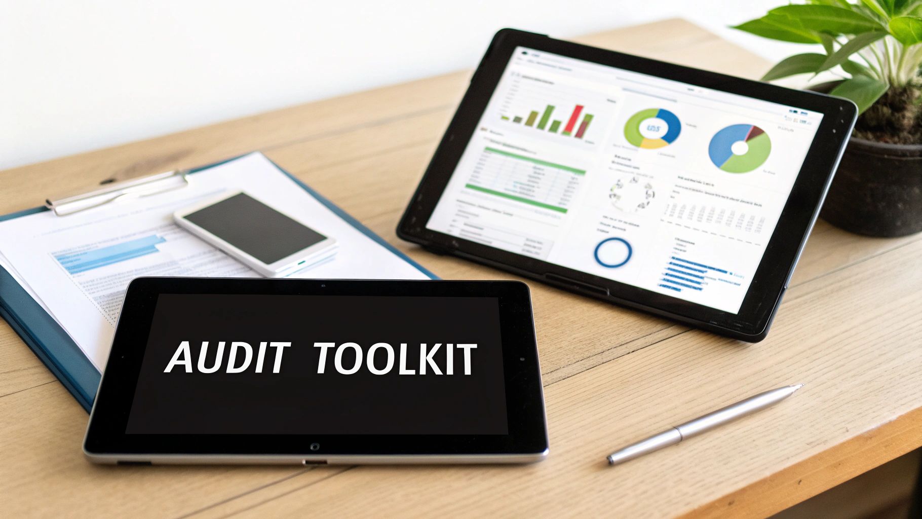 What Is A Website Audit And How It Drives Growth 3 A desk with two tablets, one displaying 'AUDIT TOOLKIT' and the other showing data charts.