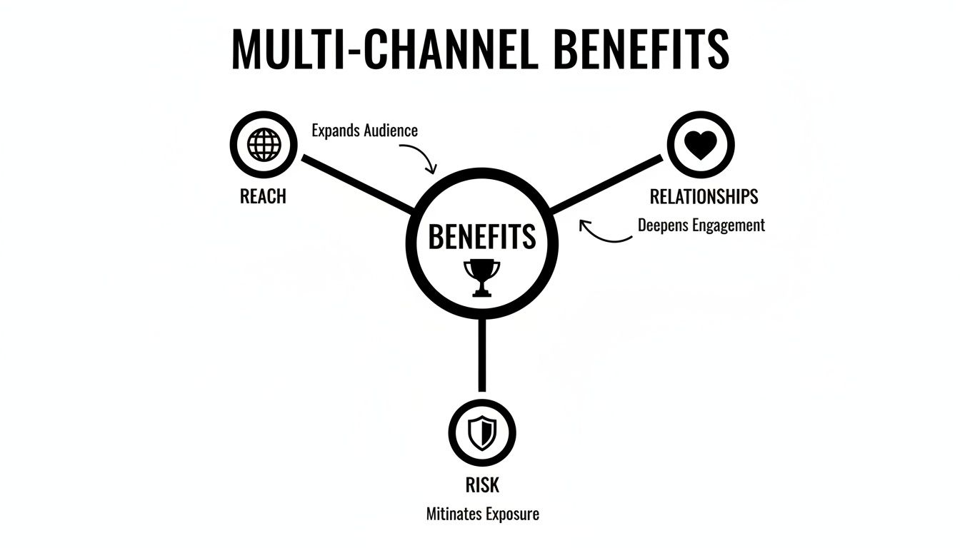 Diagram illustrating multi-channel benefits: expanding audience reach, deepening relationships, and mitigating risk.
