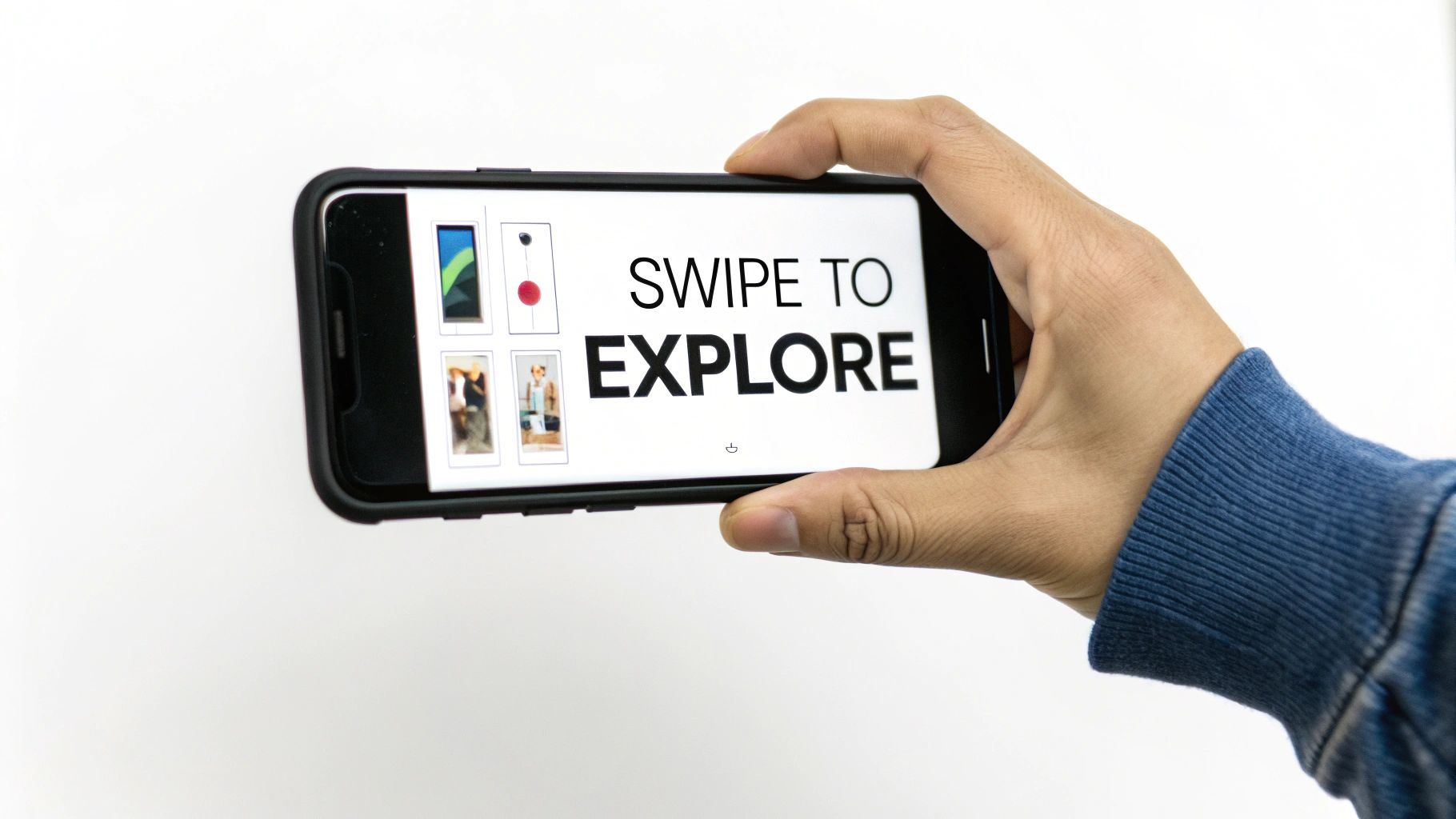 10 Types Of Facebook Advertising To Master In 2026 2 A person's hand holds a smartphone displaying 'SWIPE TO EXPLORE' text and various image thumbnails.