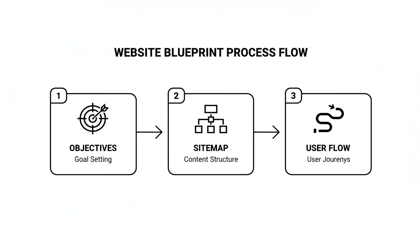 Mastering Small Business Website Design For High Conversion 2 Flowchart illustrating the three-step website blueprint process: objectives, sitemap, and user flow.