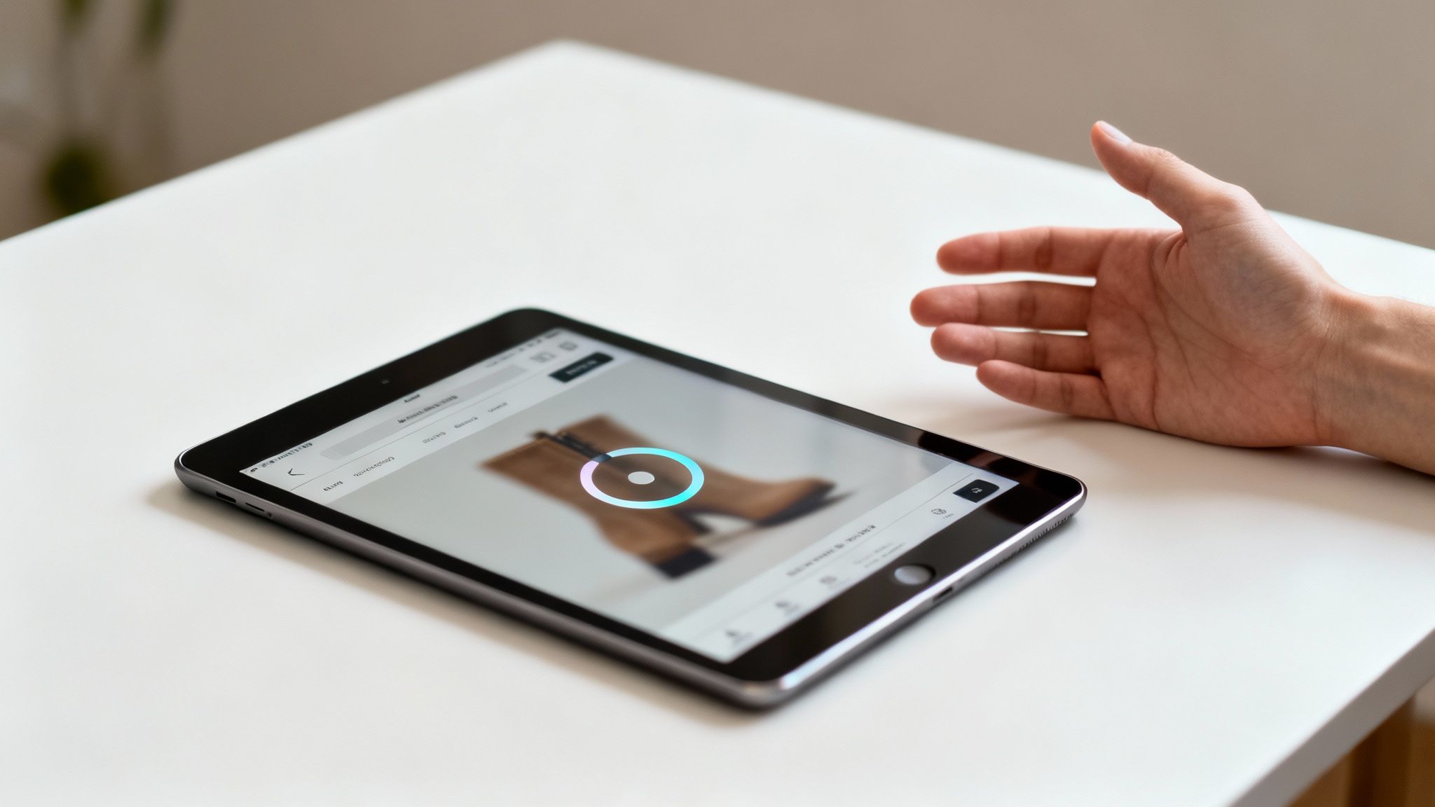 A hand rests on a white table next to a tablet displaying an online shopping loading screen for brown boots.