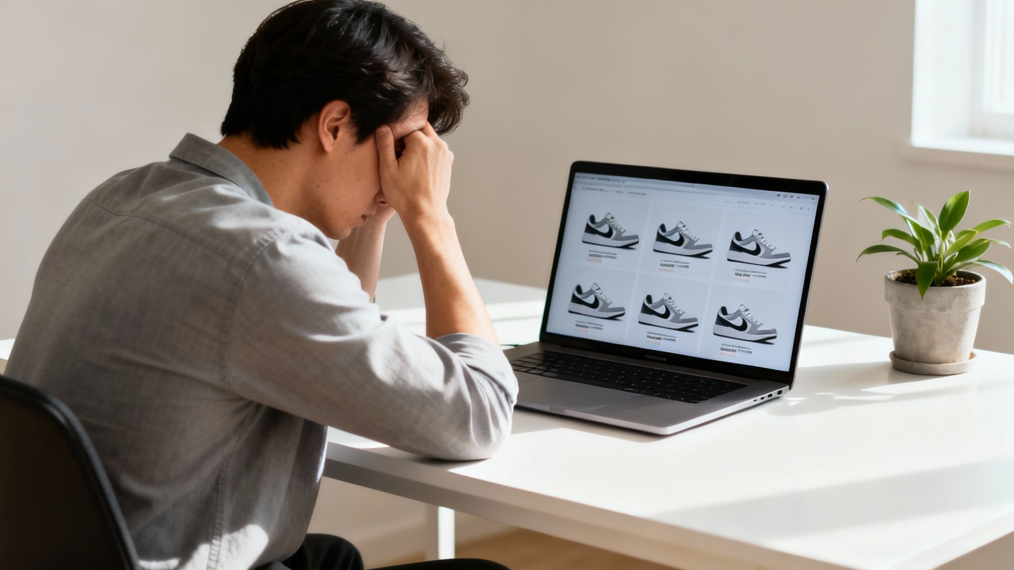 Stressed man at desk with hands on face, looking at sneakers on laptop screen.