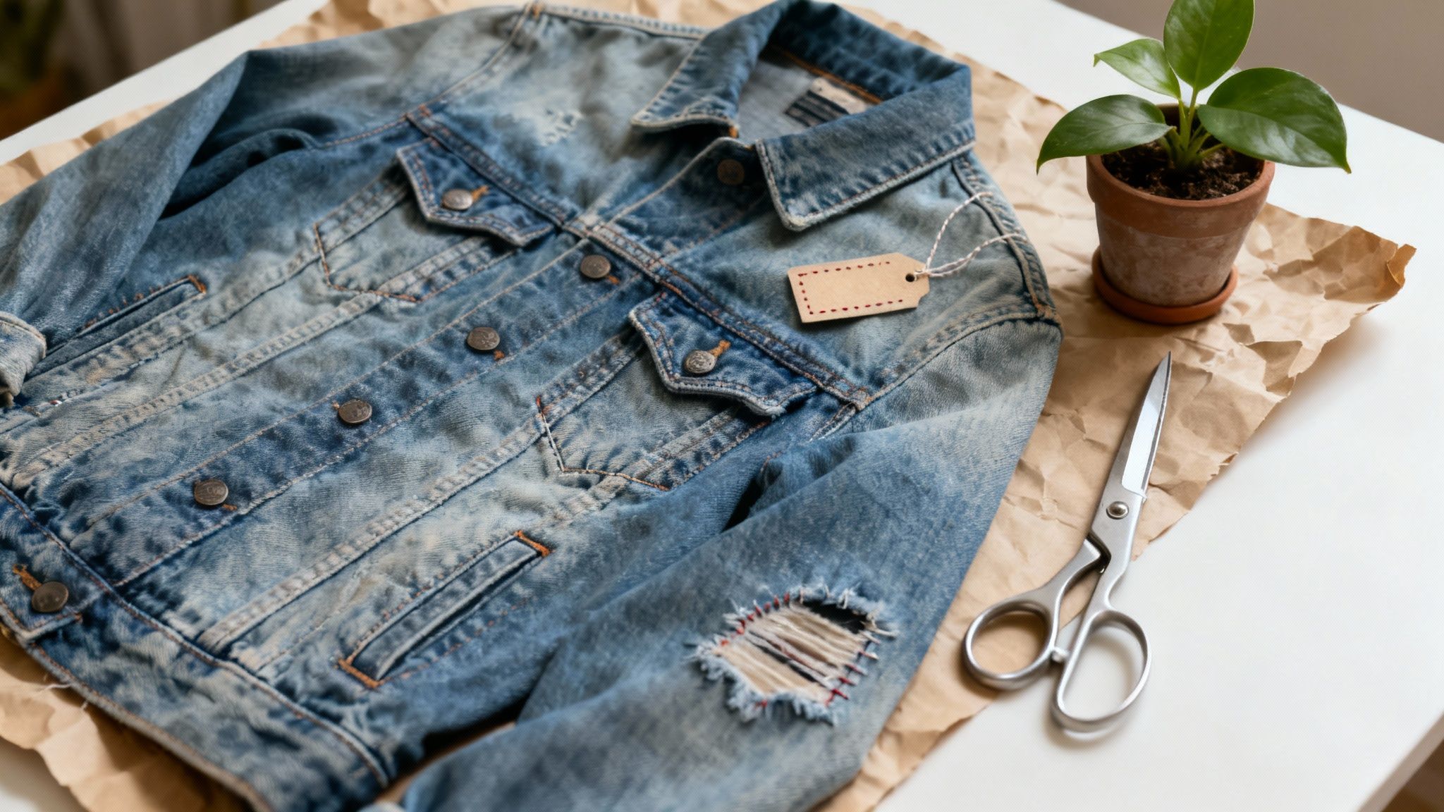 A distressed blue denim jacket with a blank tag, scissors, and a plant on crumpled paper.