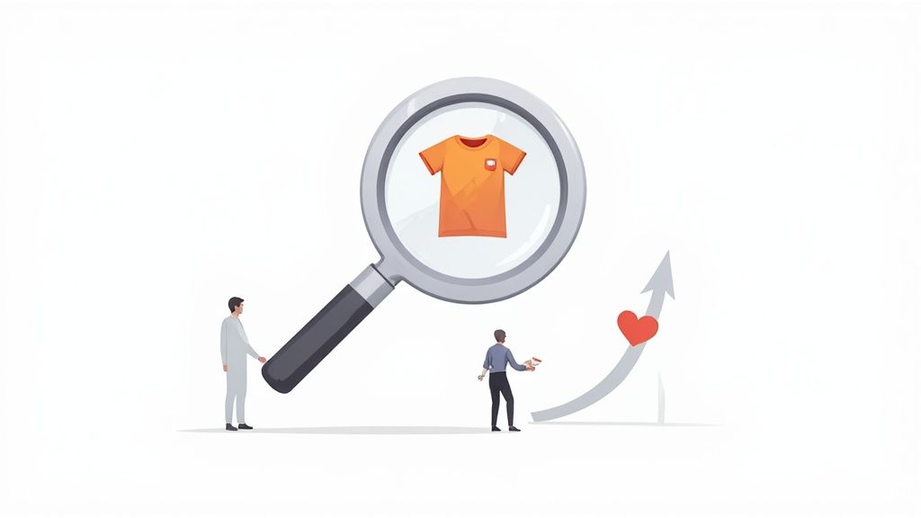 A Shopify store owner looking at a high-resolution product image on a large monitor, with a conversion rate graph showing an upward trend in the background.