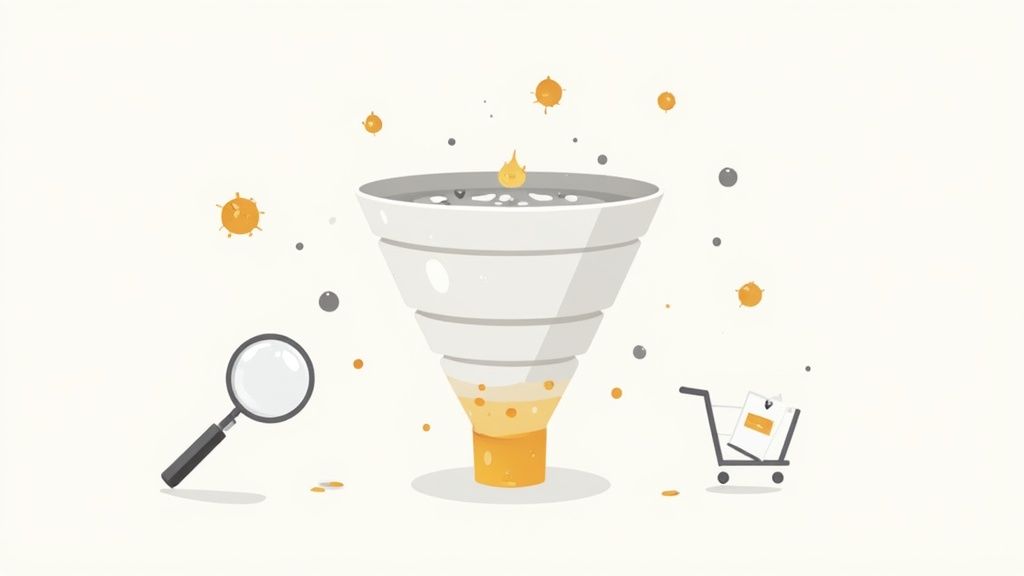 Sales funnel illustration with magnifying glass and shopping cart showing e-commerce customer journey optimization