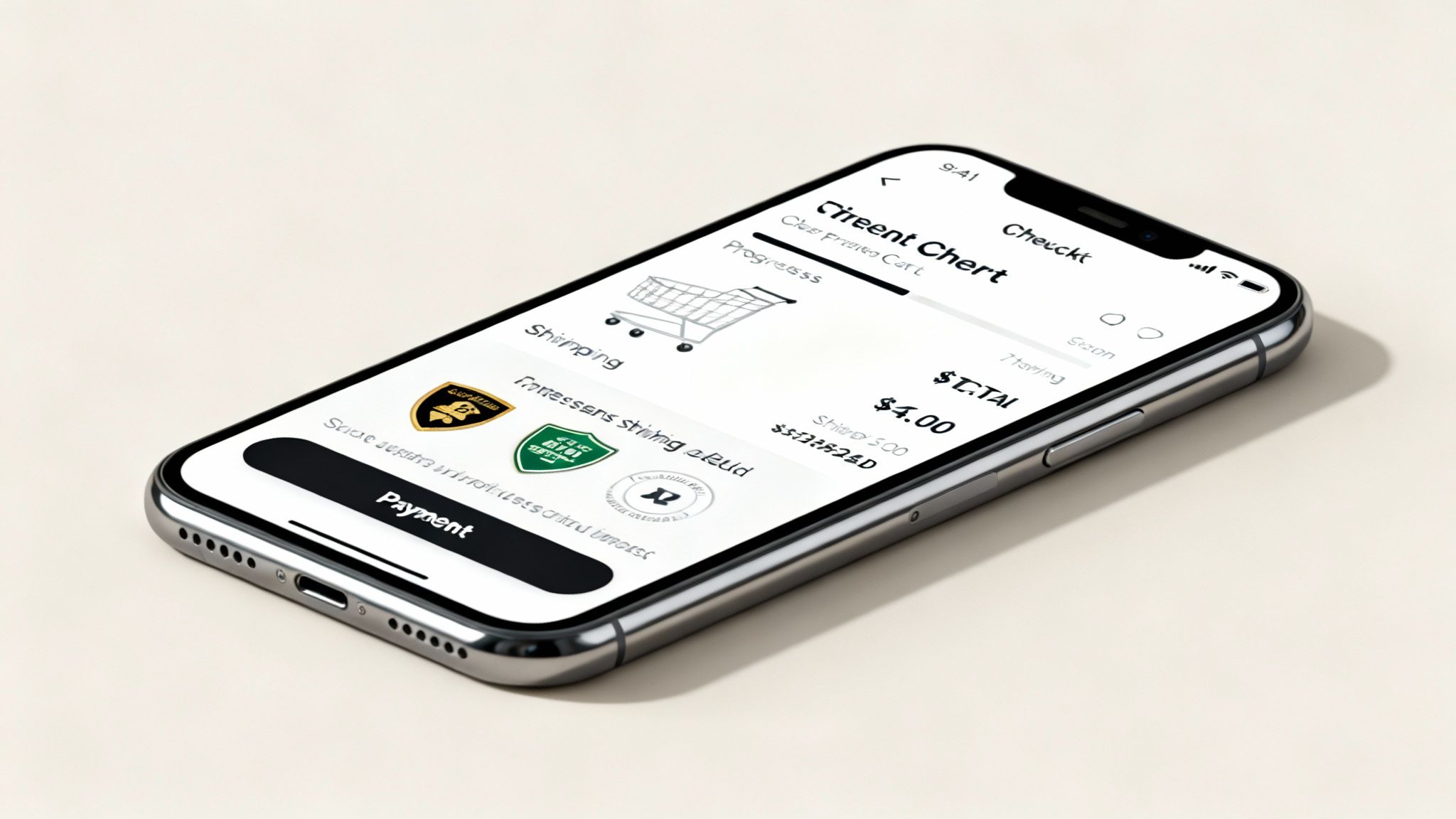 A smartphone displays an e-commerce checkout screen with a shopping cart, showing total price and a payment button.