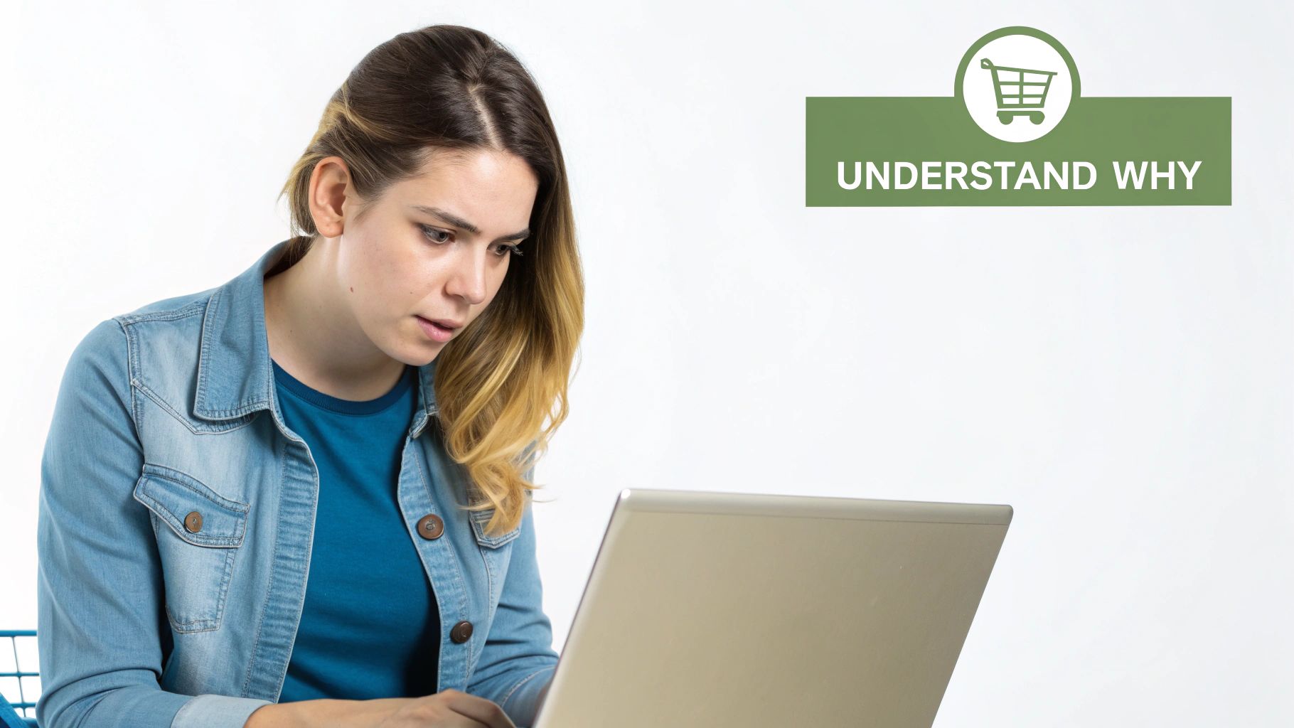 A thoughtful person looking at an e-commerce website on a laptop, contemplating a purchase.