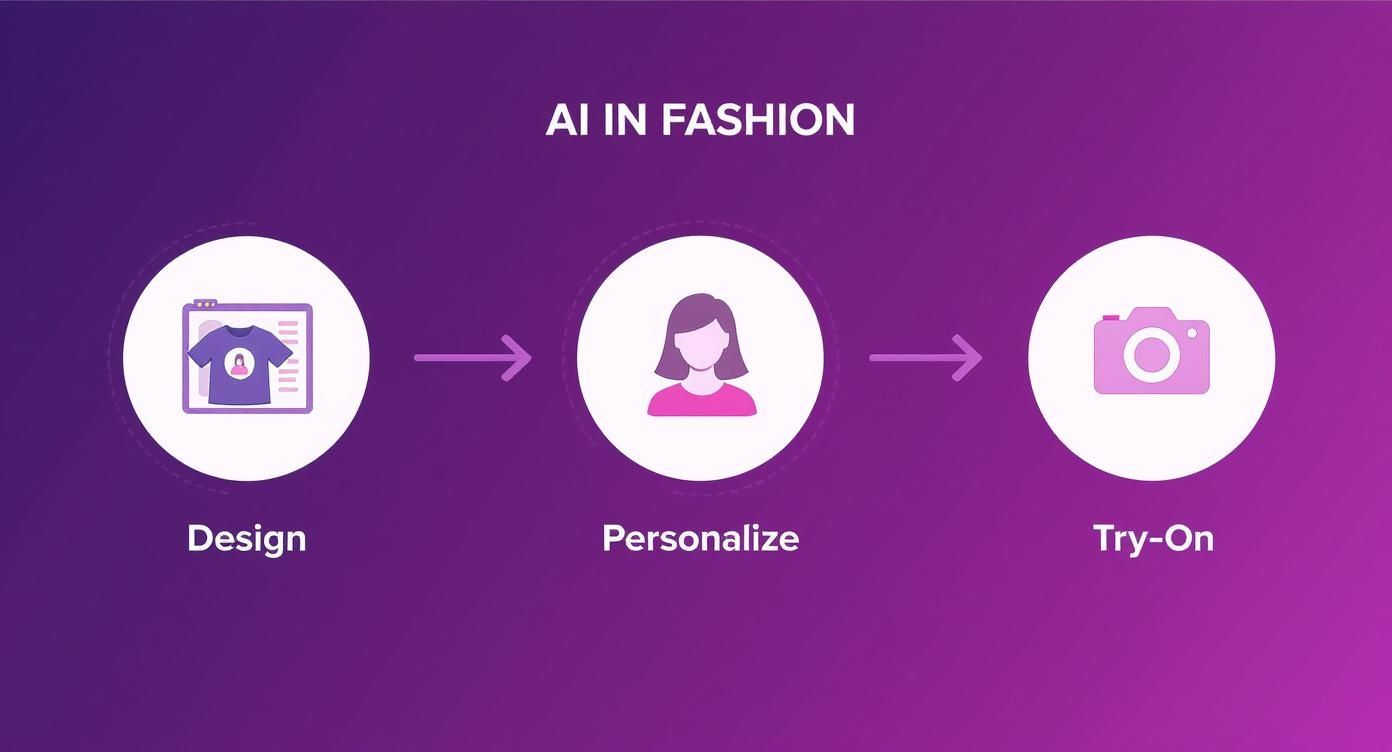 AI in fashion workflow diagram showing design, personalize, and try-on process with purple icons