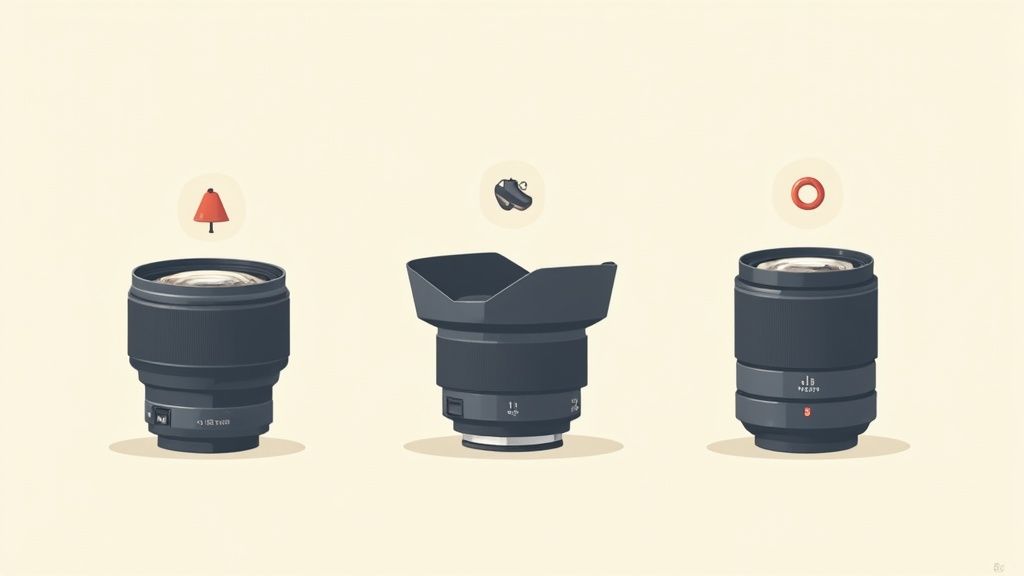 Three professional camera lenses displayed side by side with icons representing different photography styles above them