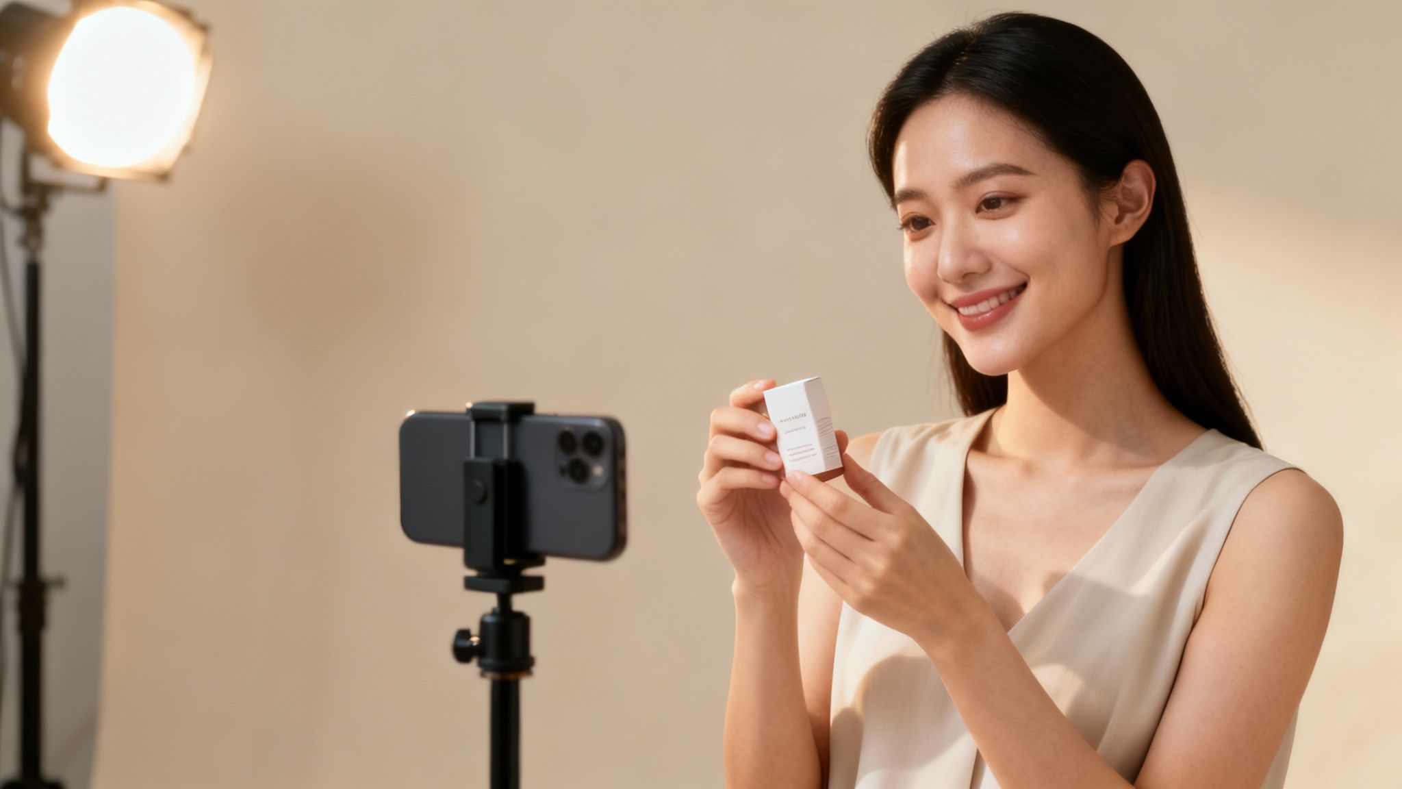 Smiling woman vlogging about a beauty product with a smartphone and studio light.