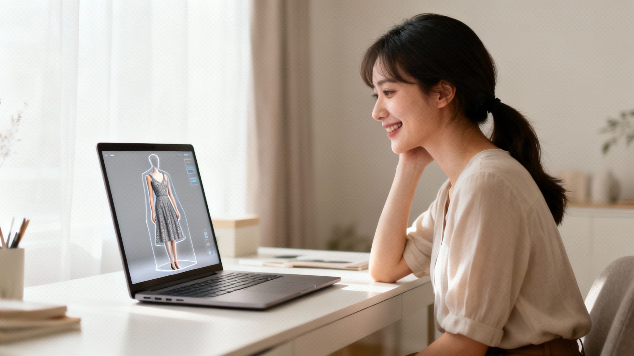 Smiling woman virtually trying on a grey dress on a laptop, using fashion design software.