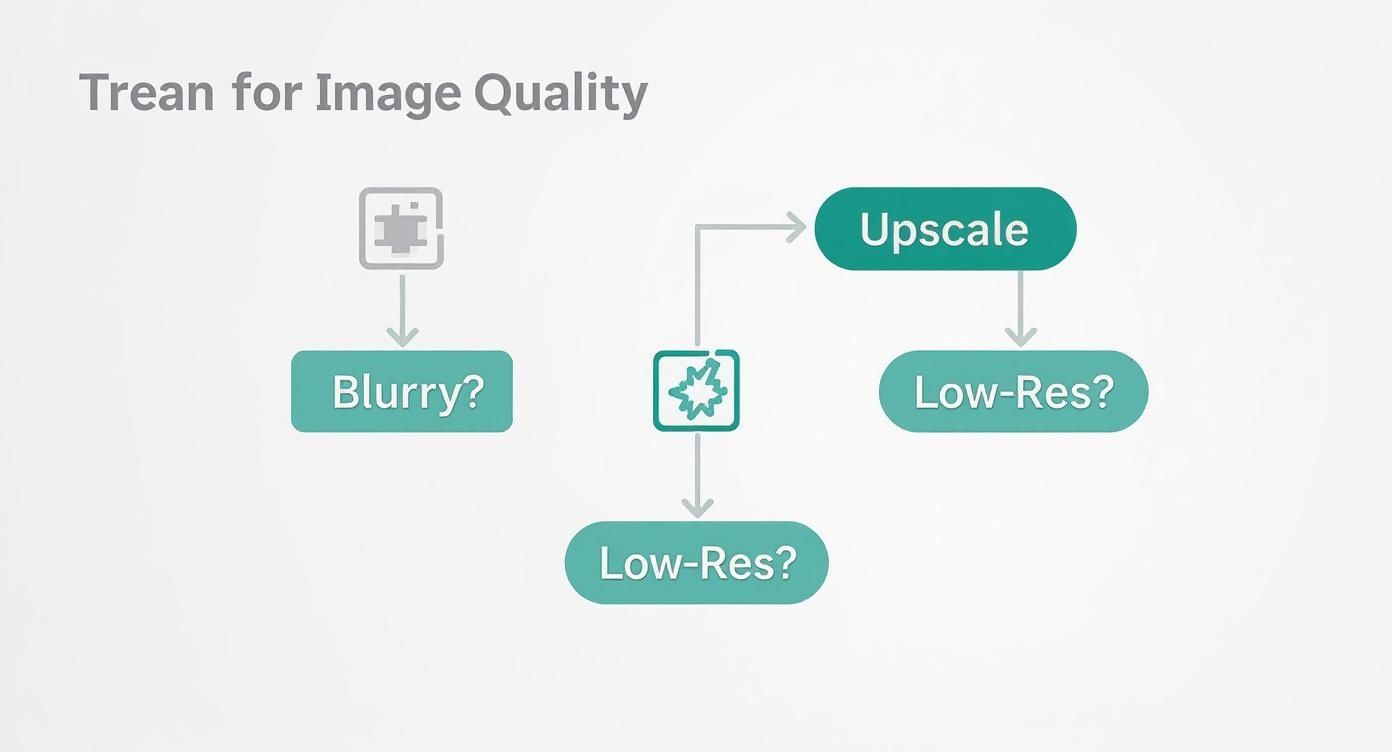 Infographic decision tree showing that if an image is blurry or low-resolution, the solution is to upscale it.
