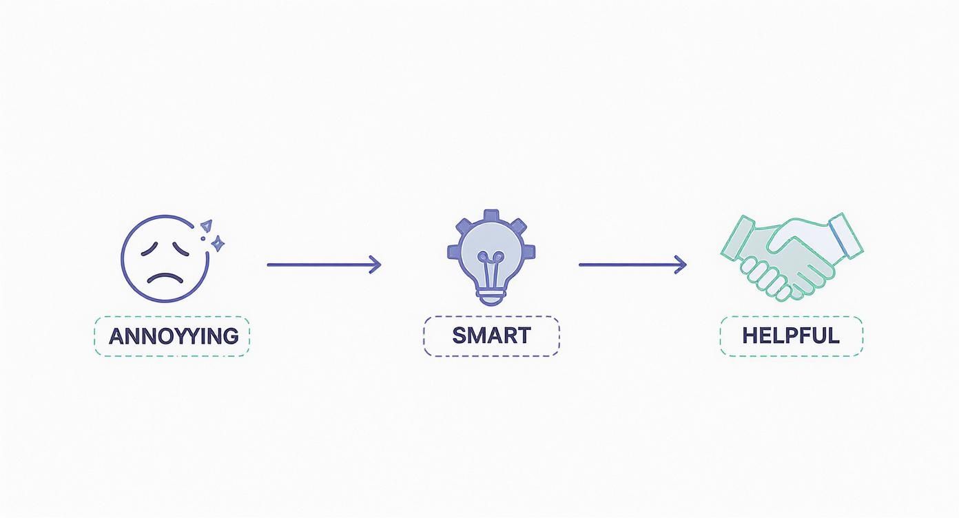 An infographic showing a sequence: annoying emoji, smart idea lightbulb, and helpful handshake.
