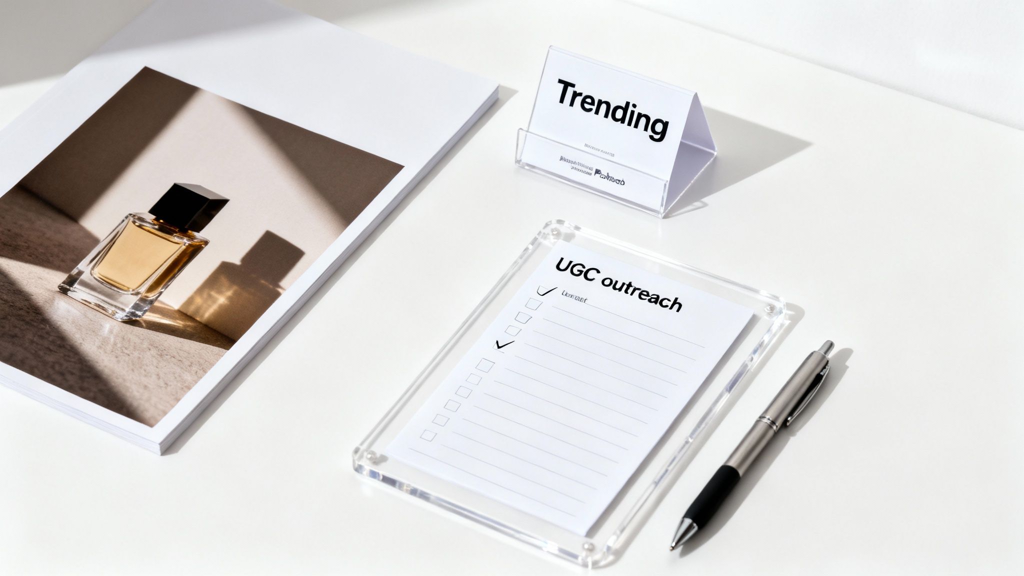 A flat lay of a modern desk with a magazine, a 'Trending' sign, a 'UGC outreach' checklist, and a pen.