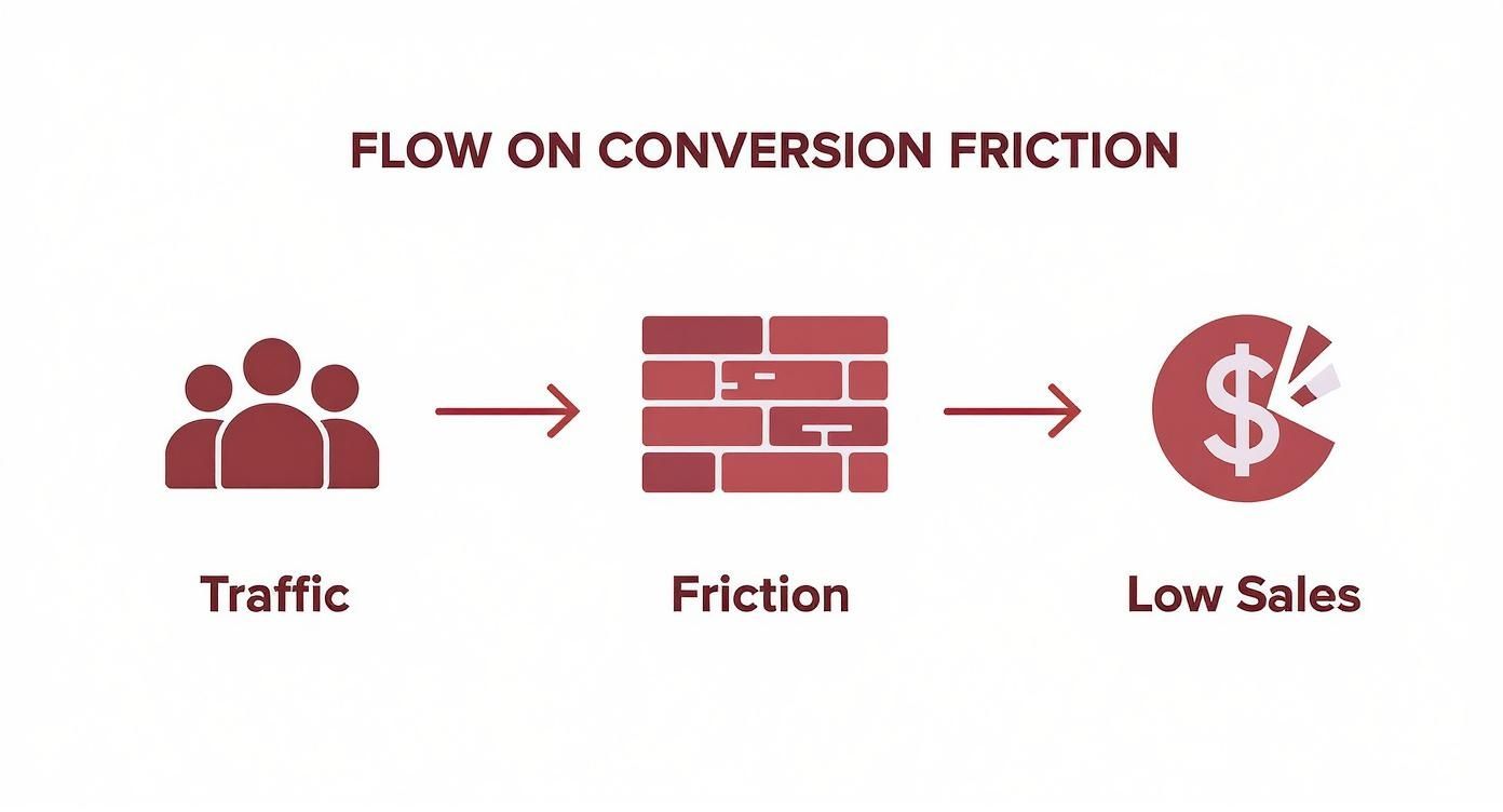 Diagram illustrating how website traffic encounters friction, leading to low sales and poor conversion rates.
