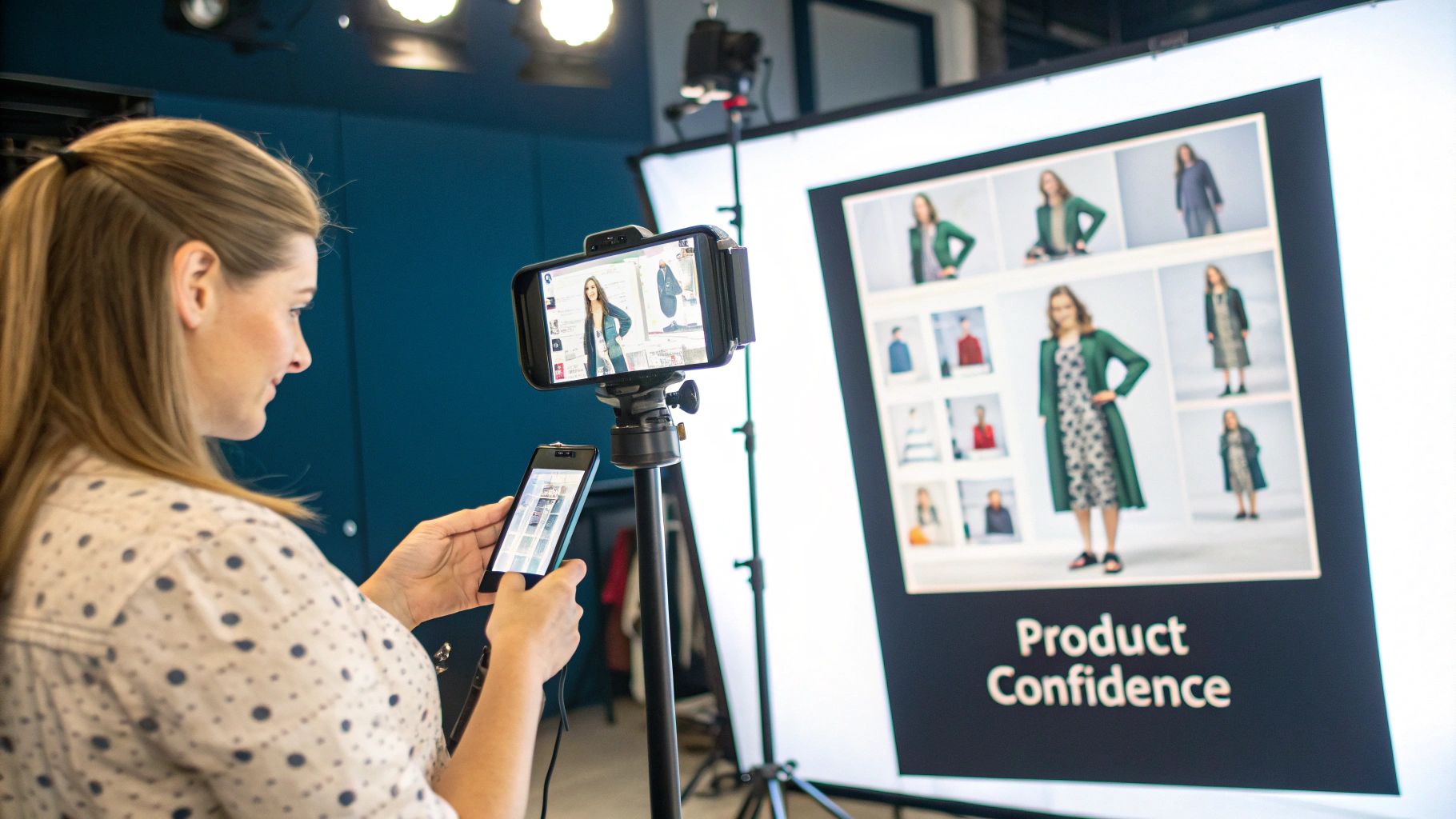 Close-up of a customer feeling the texture of a high-quality sweater on a clothing rack in a well-lit store.