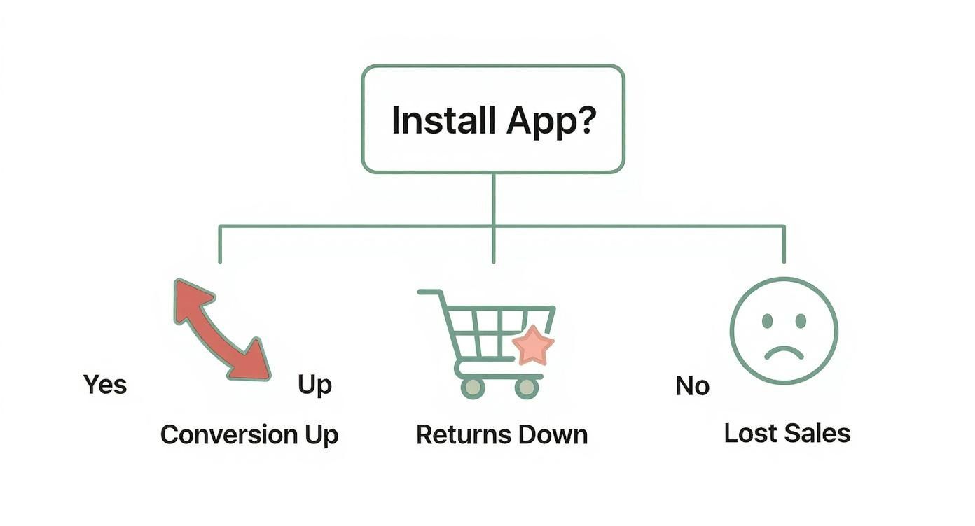 An infographic decision tree showing that installing a virtual fitting room app leads to increased conversions, decreased returns, and higher AOV, while not installing one leads to lost sales.