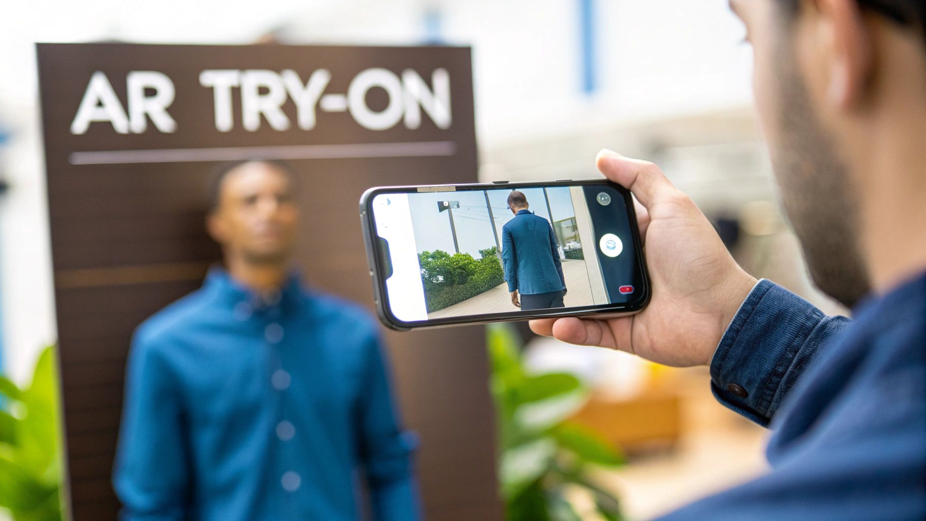 A user interface showing how a virtual fitting room overlays a digital t-shirt onto a person's photo on a smartphone in 2025.