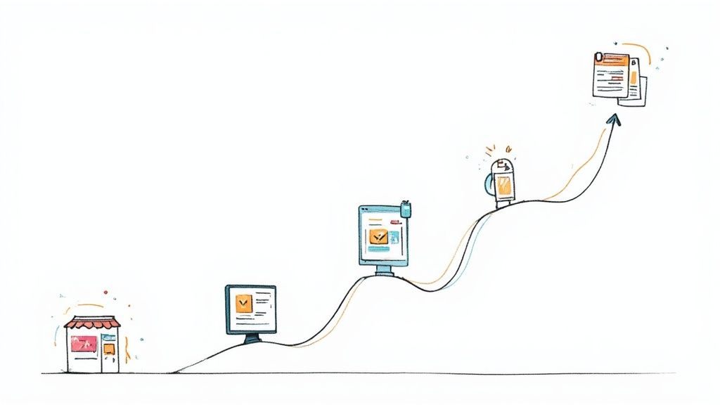E-commerce growth journey illustration showing progression from storefront to mobile shopping to analytics dashboard