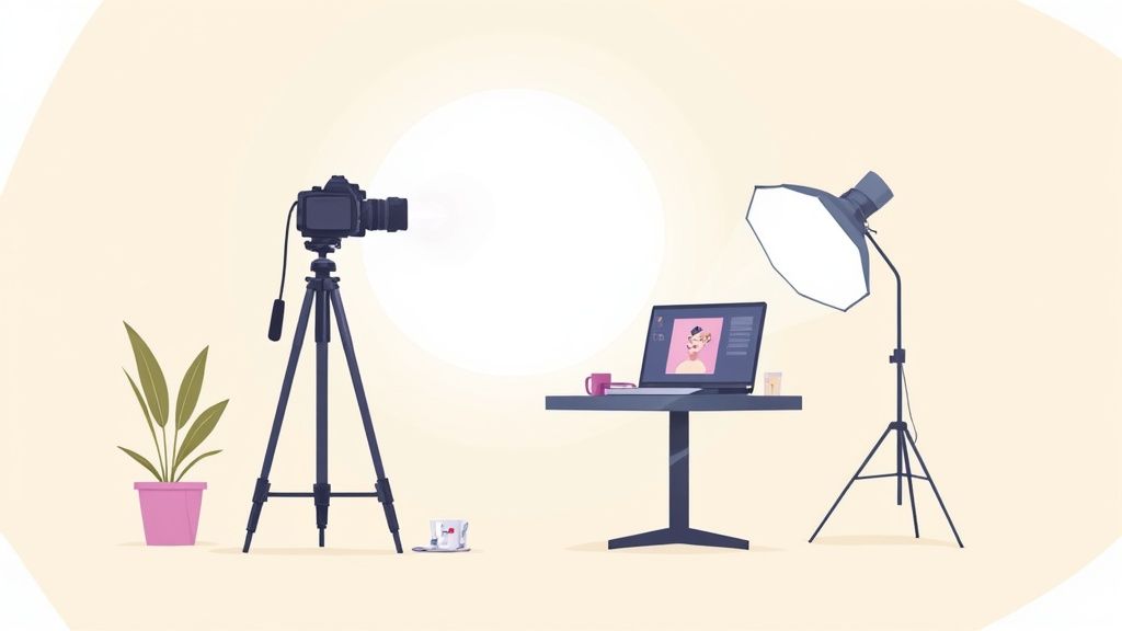 Professional photography studio setup with camera on tripod, laptop, and studio lighting equipment
