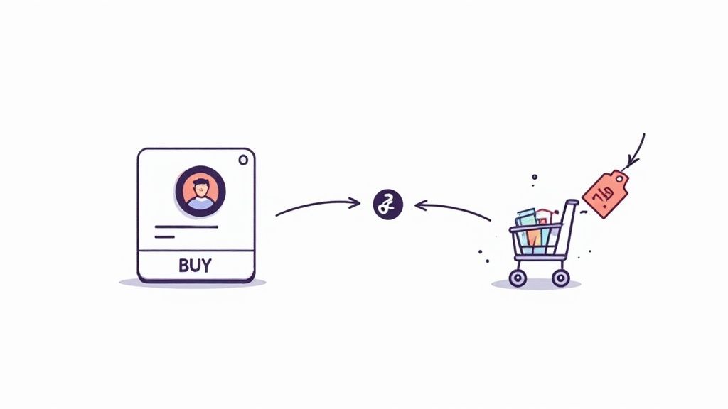 A customer happily unboxing a package, with branded loyalty program graphics overlaid.