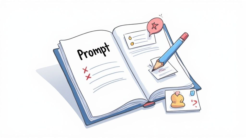 Open notebook with prompt text, pencil, sticky notes and decorative elements for creative writing