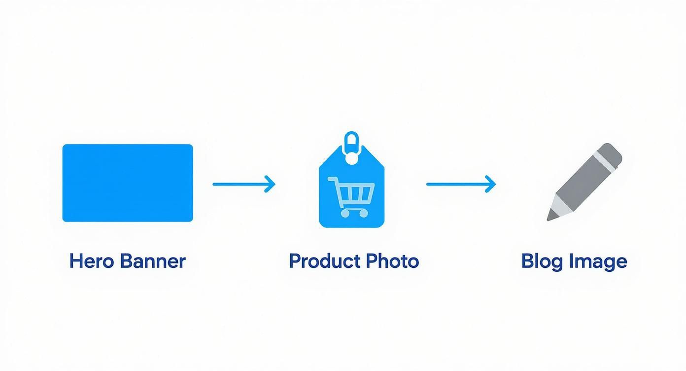 Flowchart demonstrating digital image types: hero banner, product photo, and blog image, connected by arrows.